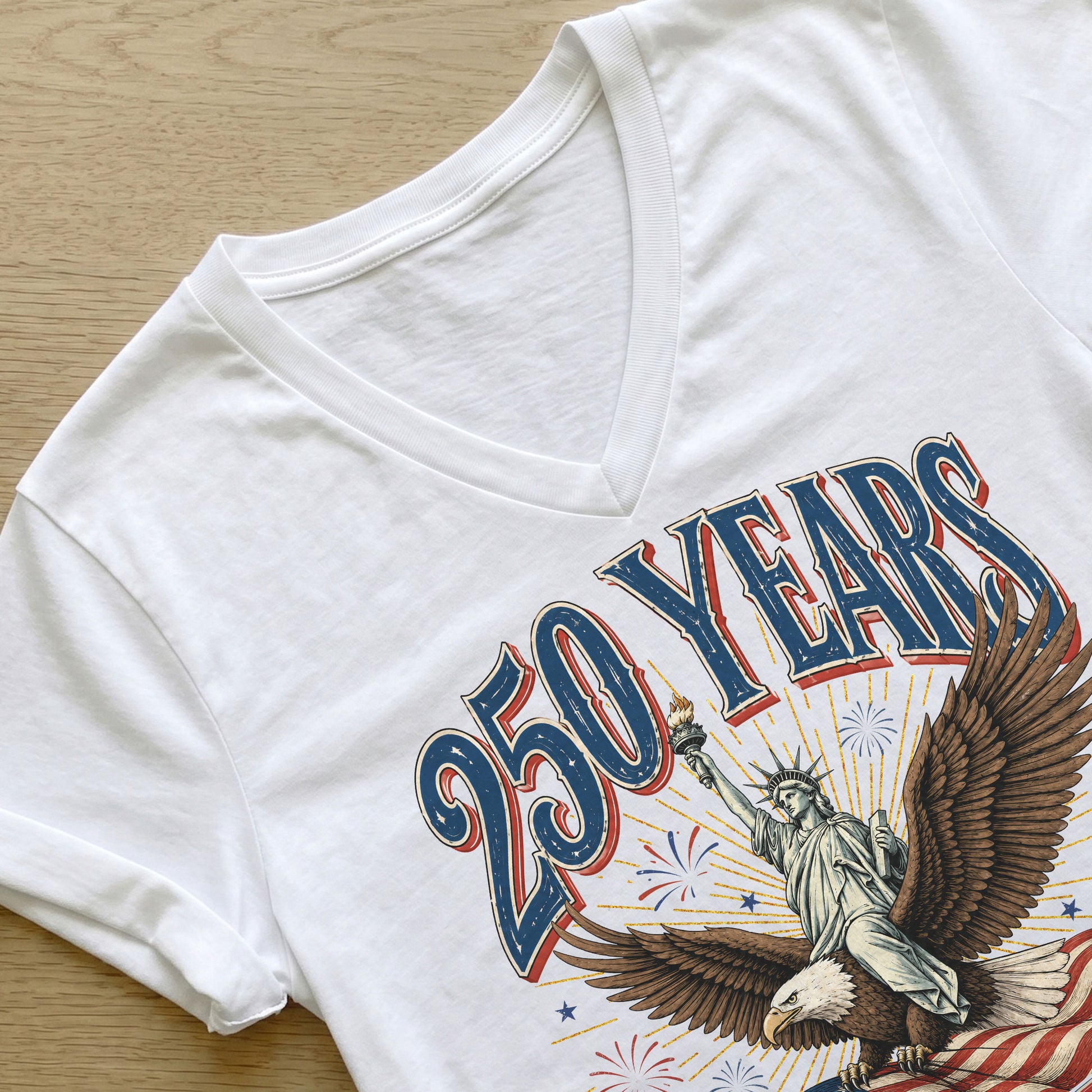 Patriotic United States 250 Years Anniversary V-Neck Tee Holiday Graphic Shirt Apparel - Rust Field Wear