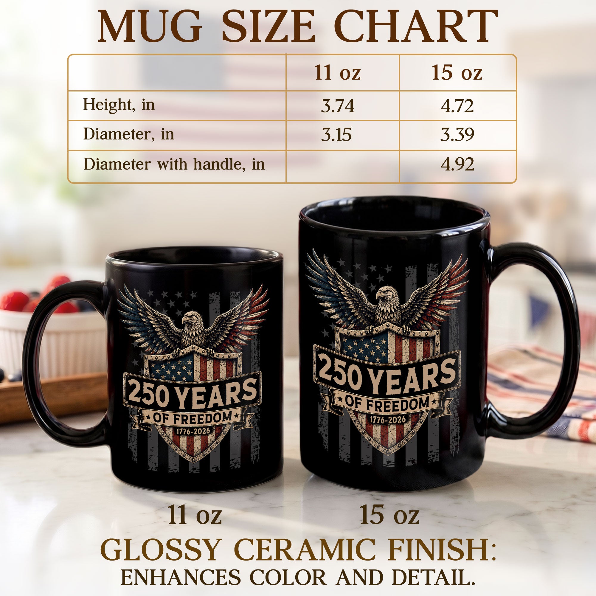 250 Years of Freedom Mug Patriotic American Eagle 1776-2026 US Flag Shield Ceramic Gift