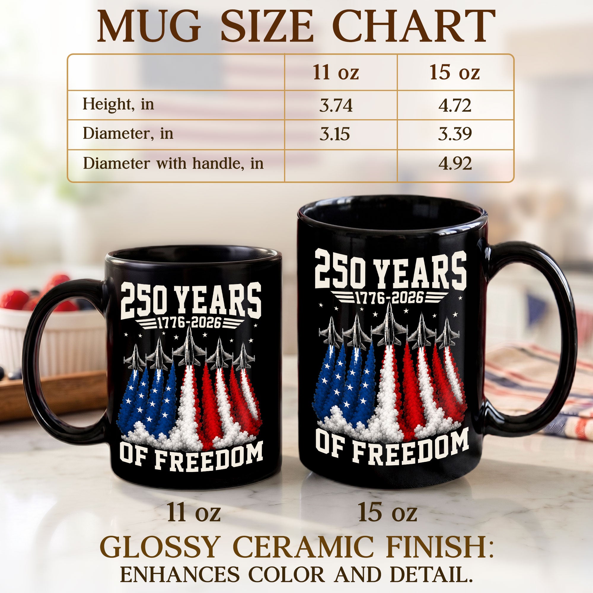 Patriotic Mug 250 Years of Freedom 1776-2026 Military Jet American Liberty Ceramic Gift