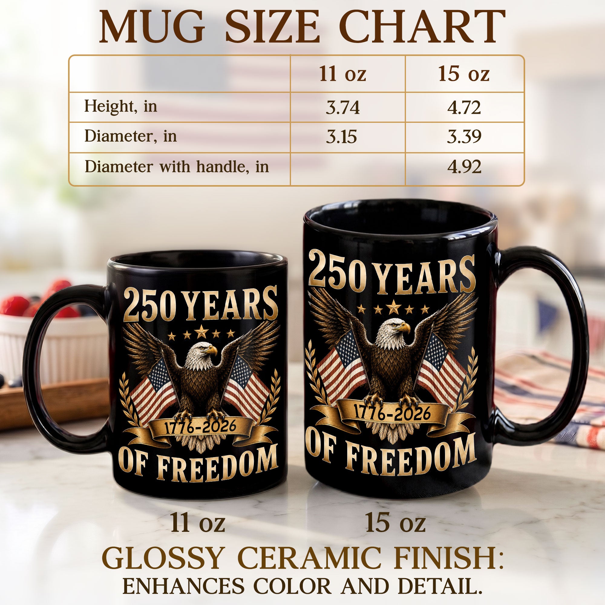Patriotic Mug 250 Years of Freedom 1776-2026 American Eagle Gold Laurel Ceramic Cup