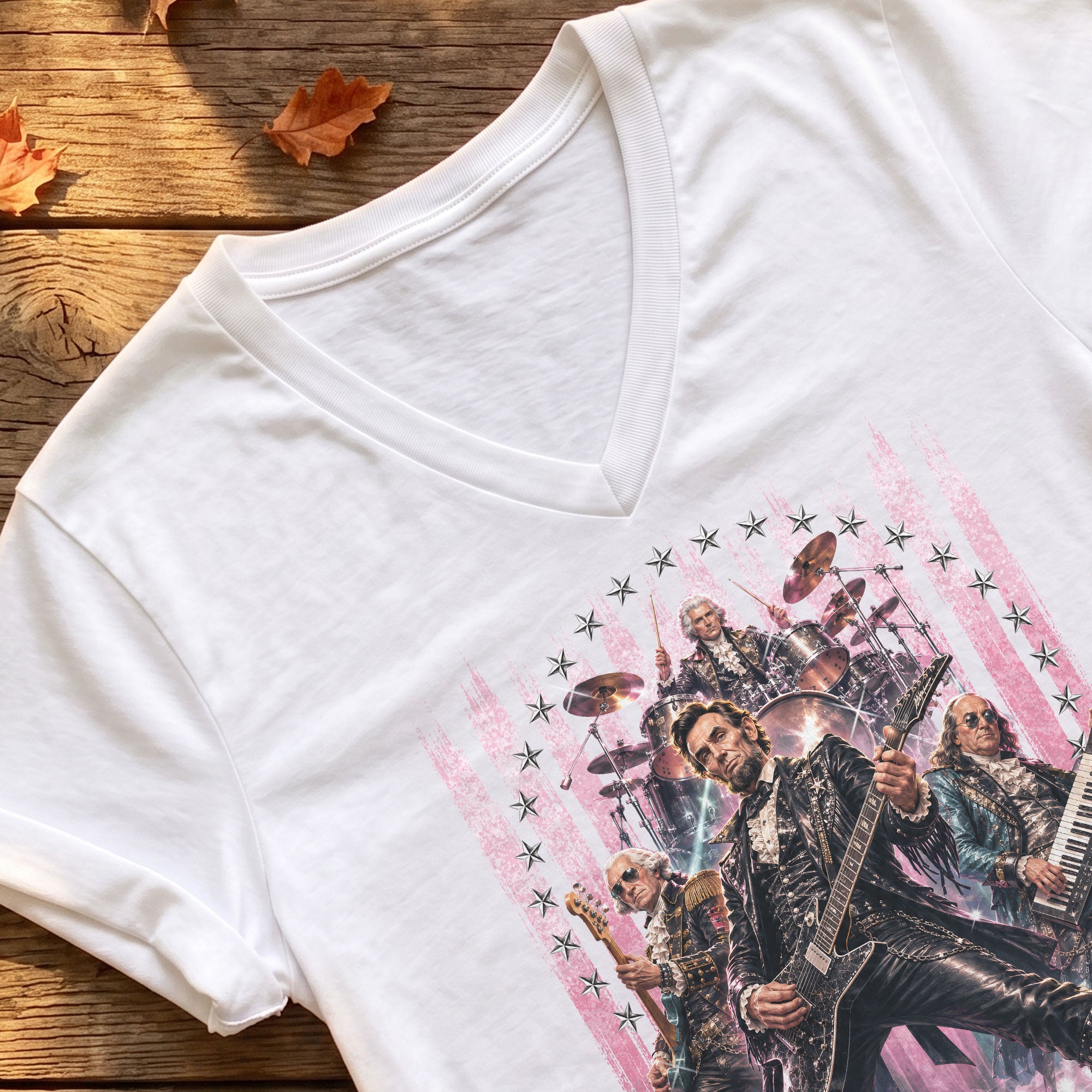 Vintage Presidential Band V-Neck Graphic Shirt Pink Patriotic Women's Apparel Top