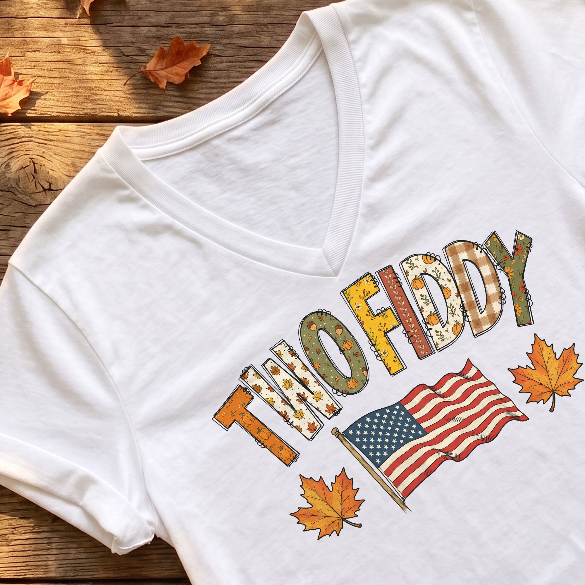 Two Fiddy Fall Flag Graphic V-Neck T-Shirt Patriotic Autumn Women's Casual Fashion Top