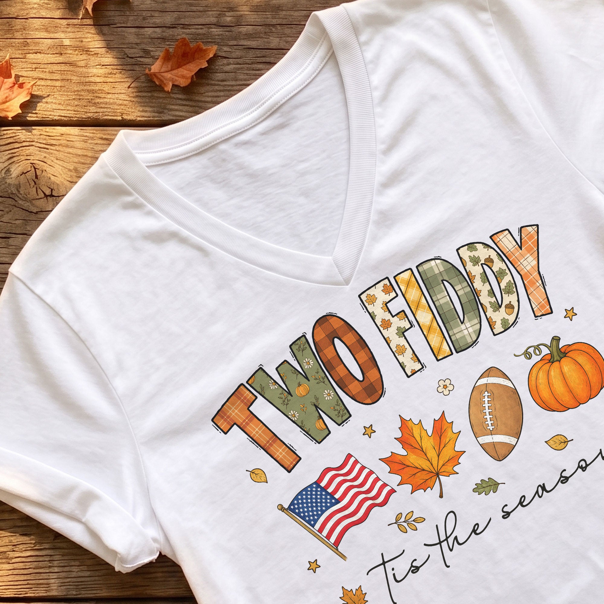 Two Fiddy Patriotic Fall Graphic V-Neck Shirt Seasonal USA Flag Women's Casual Wear