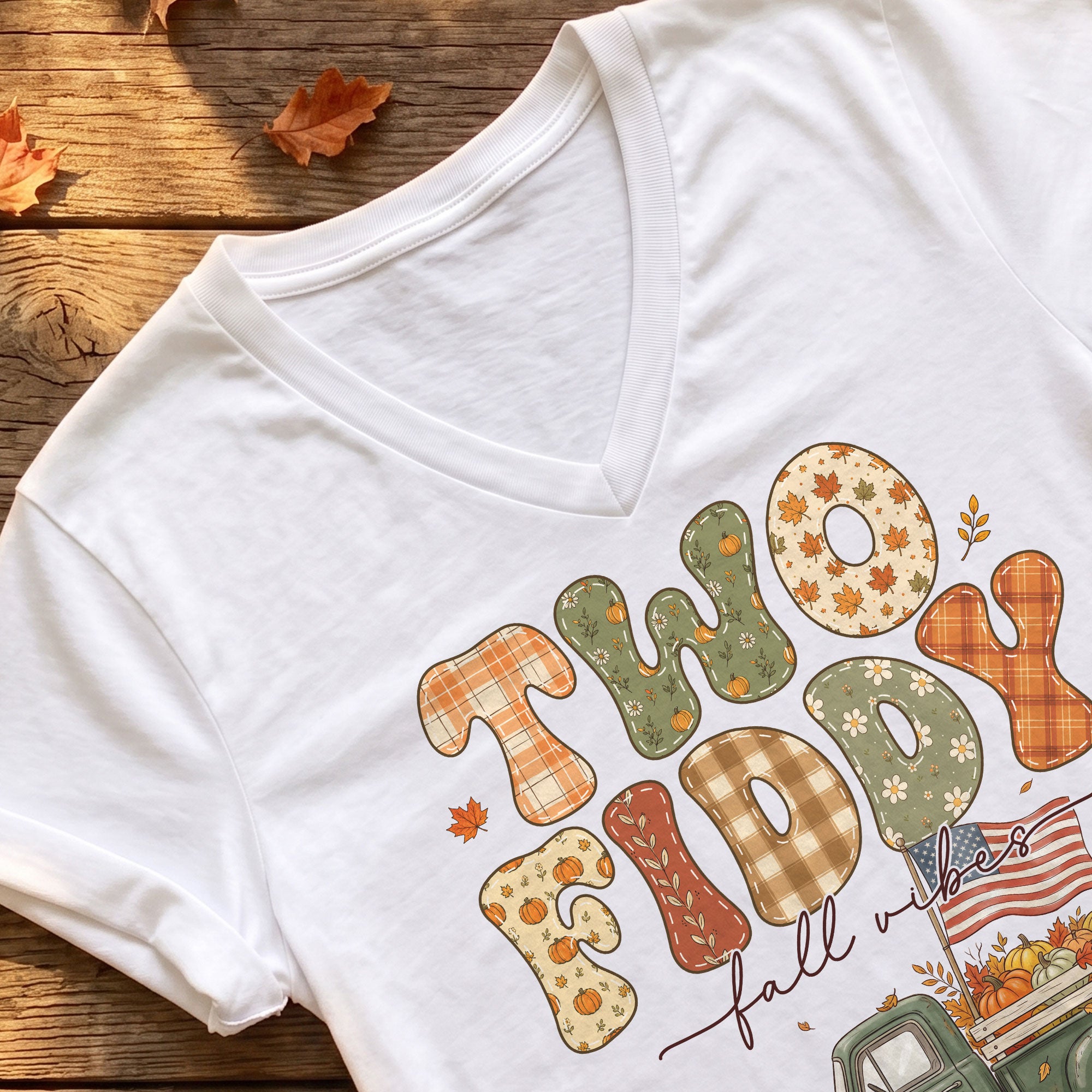 Two Fiddy Fall Vibes V-Neck Graphic T-Shirt Pumpkin Truck Patriotic Women's Casual Top
