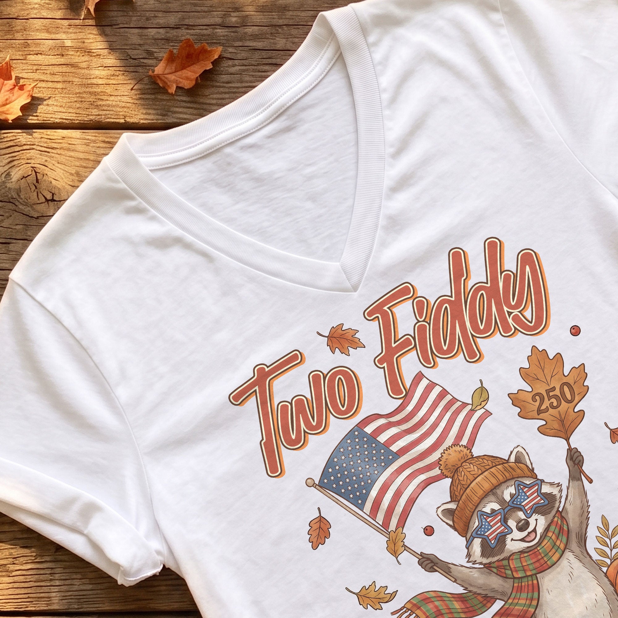 Two Fiddy Patriotic Raccoon V-Neck Graphic T-Shirt Fall Autumn Women's Casual Top