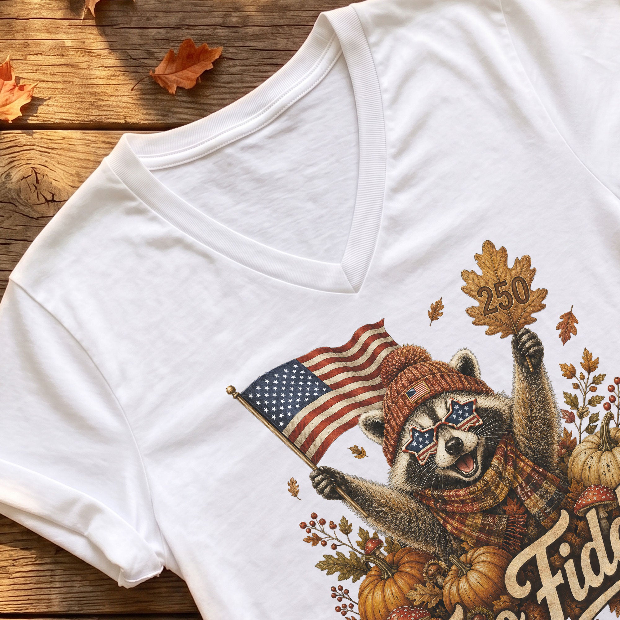 Autumn Seasonal Two Fiddy Graphic V-Neck Tee USA Flag Raccoon Women's Casual Style Shirt