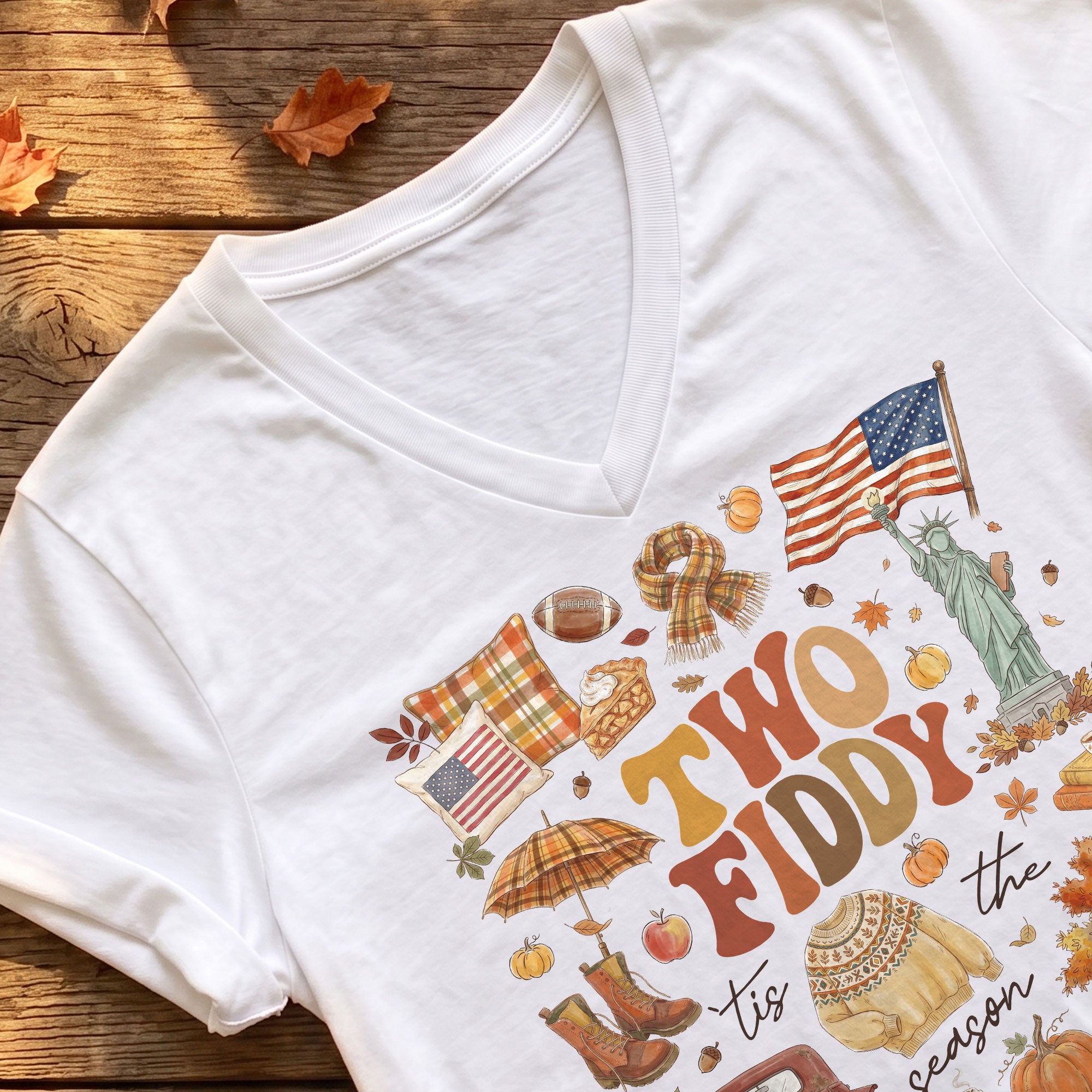 Two Fiddy Patriotic Autumn Graphic V-Neck T-Shirt Seasonal Women's Casual Style Shirt