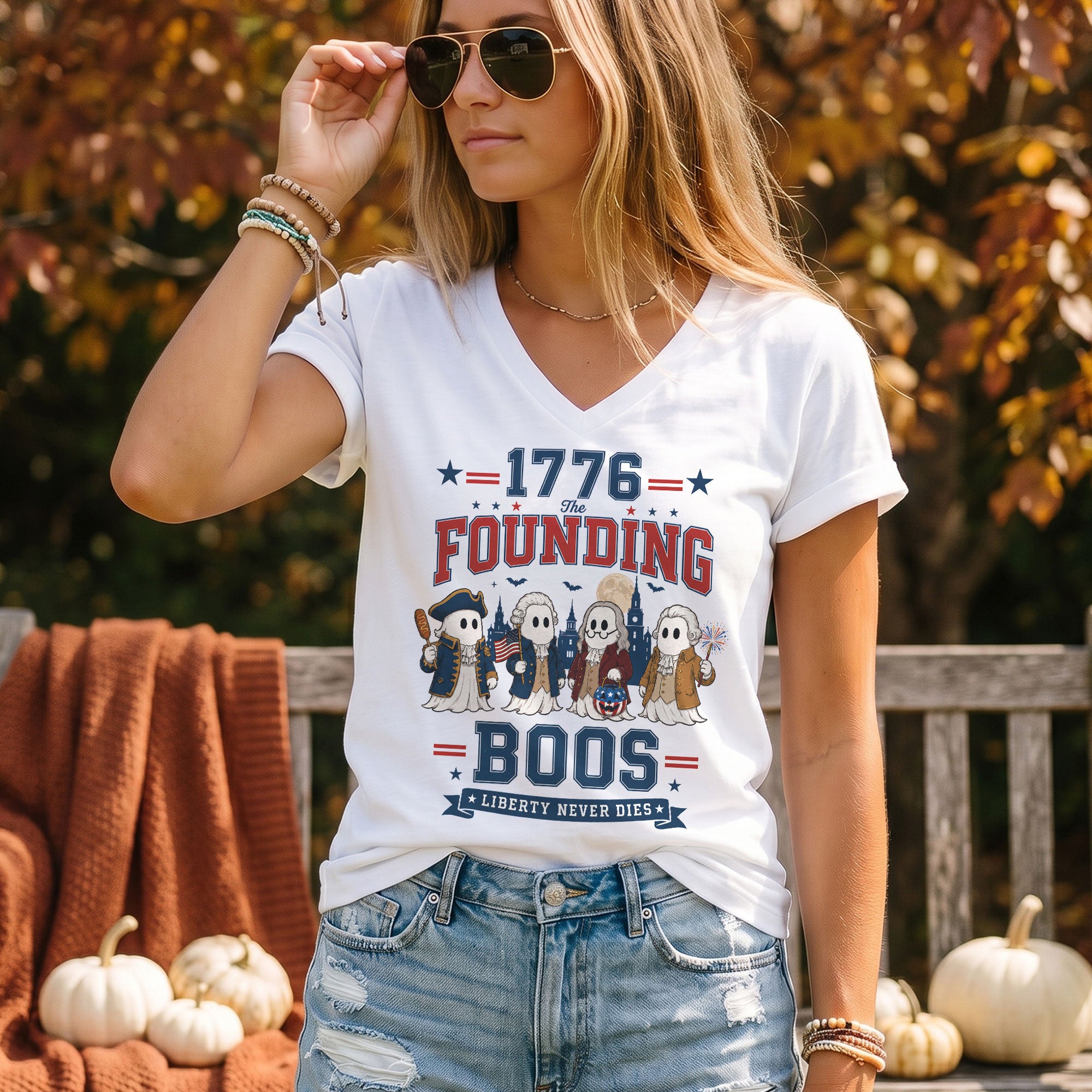 1776 Founding Boos V Neck Shirt Funny Patriotic Ghost Women Graphic Tee Vintage