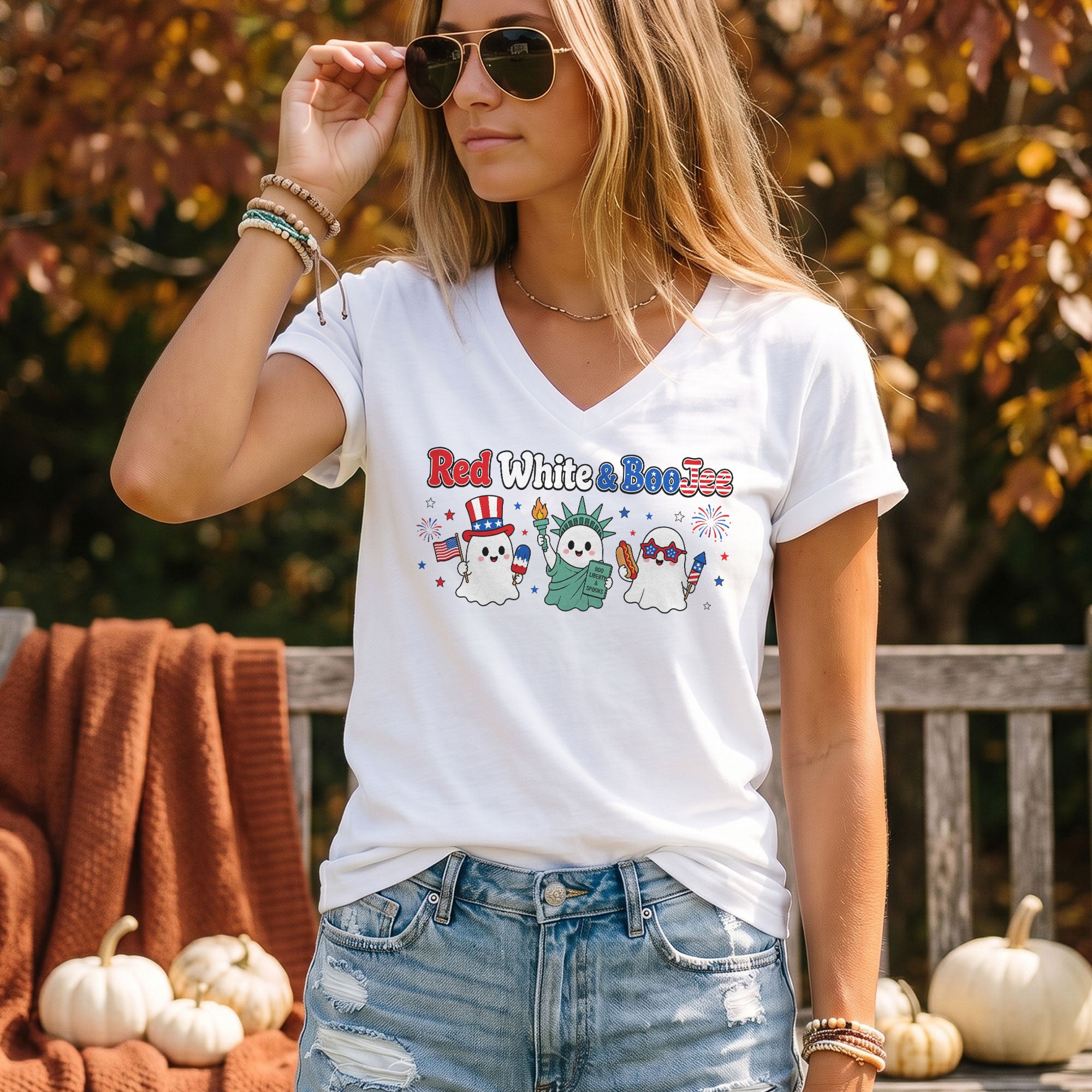 Red White And BooJee V Neck Shirt Cute Patriotic Ghost Women Graphic Tee