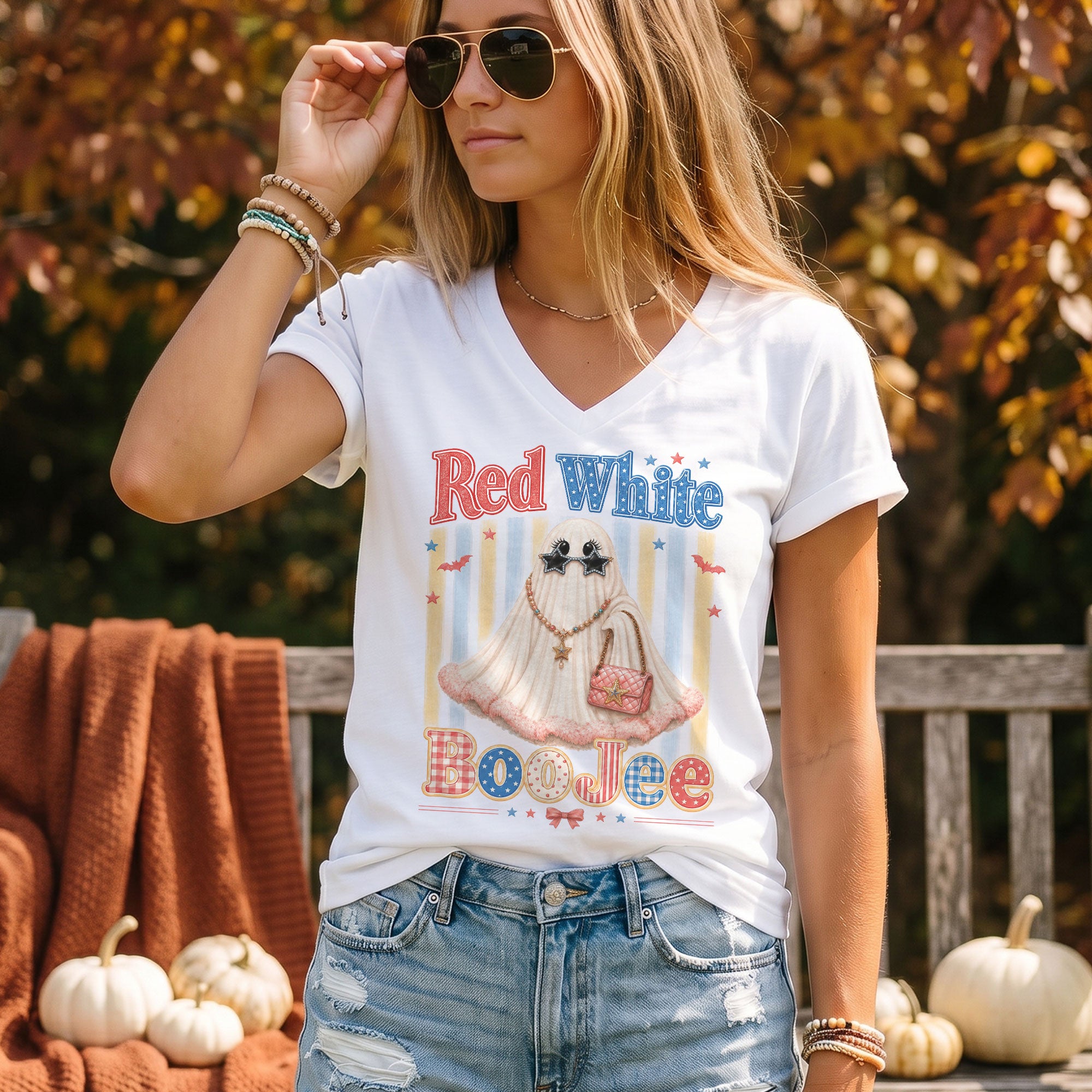 Red White BooJee V Neck Shirt Glam Ghost Fashion Patriotic Women Graphic Tee