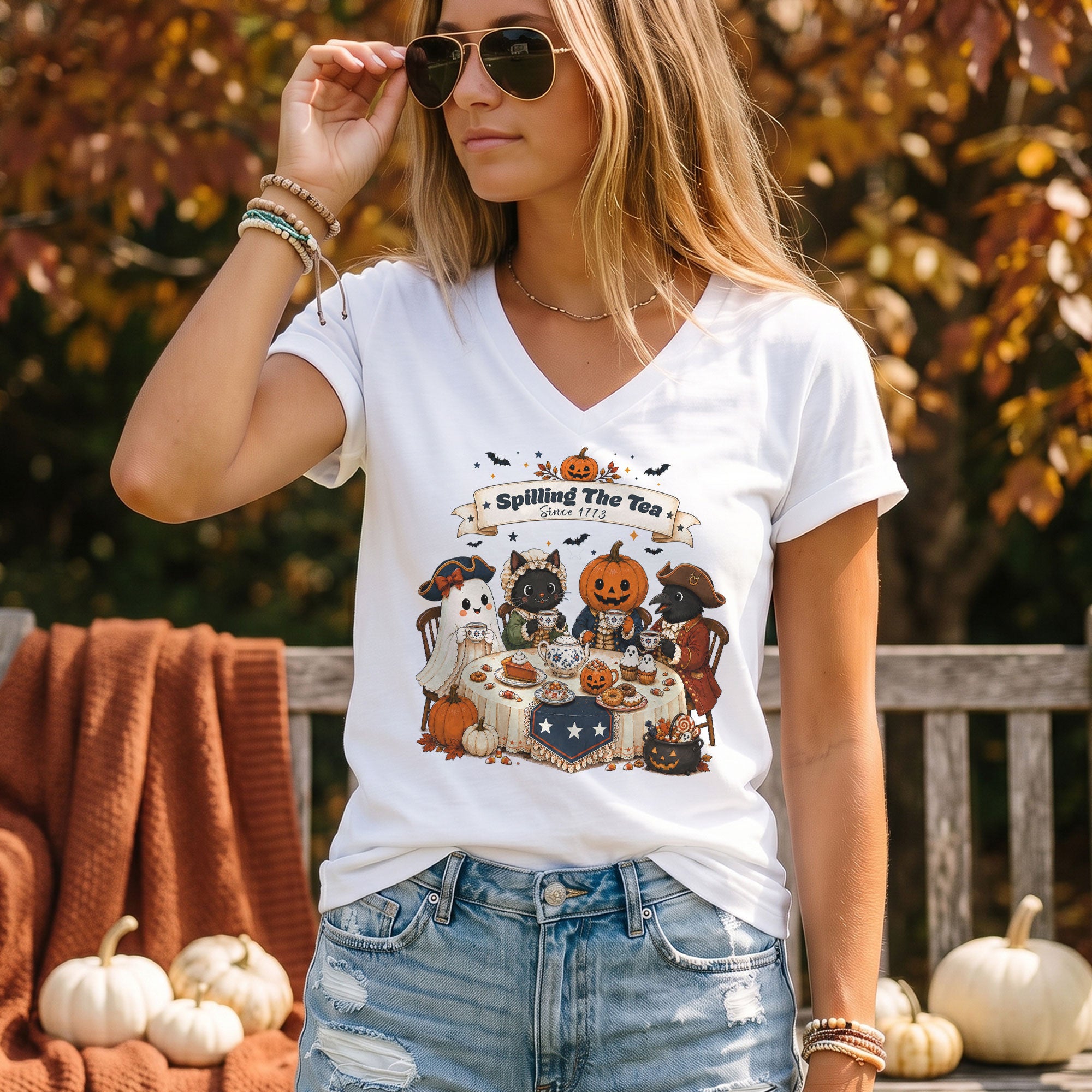 Spilling The Tea Since 1773 V Neck Shirt Funny Ghost Pumpkin Women Graphic Tee