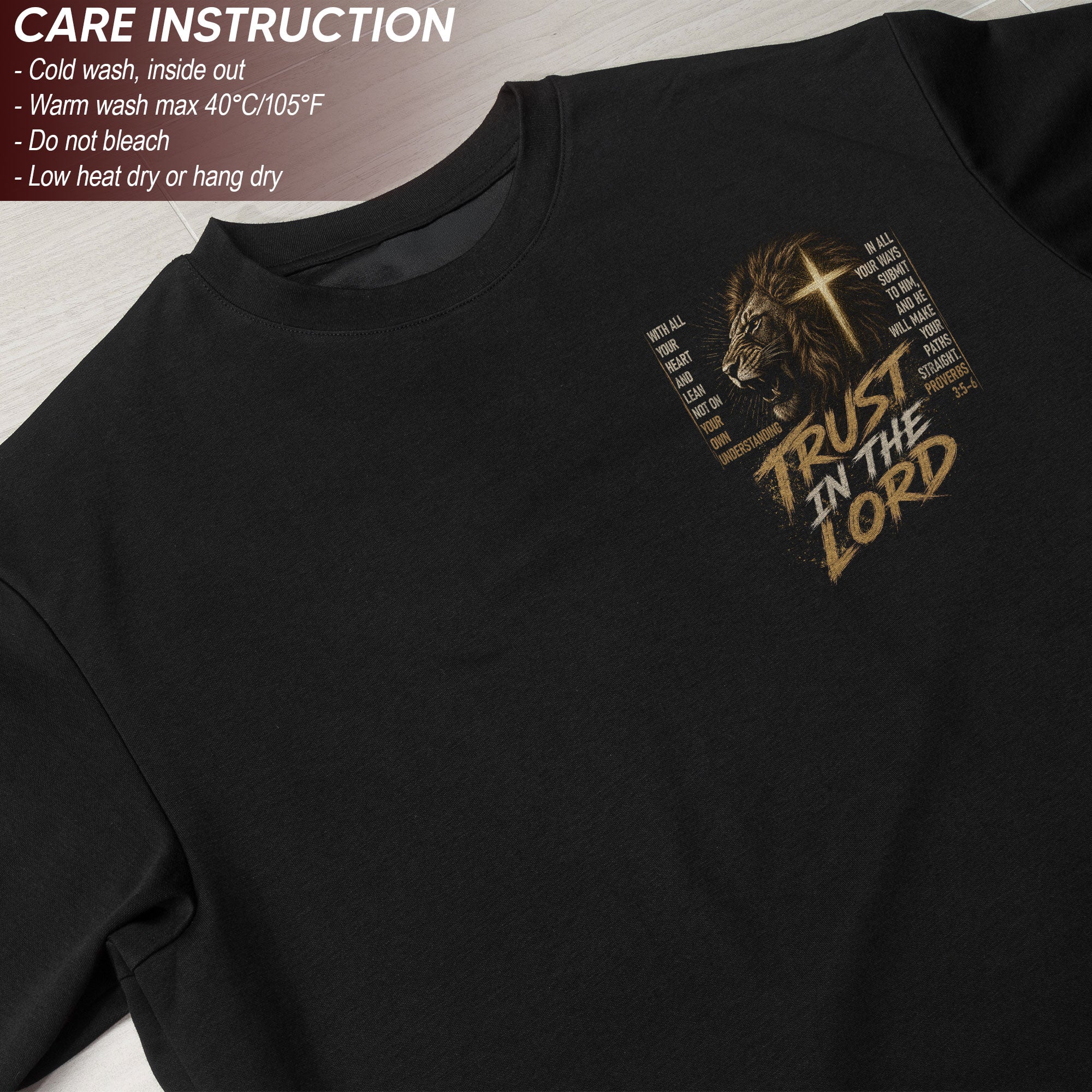 Trust In The Lord Lion Cross Scripture Christian Graphic Casual Crewneck Tee Shirt Men