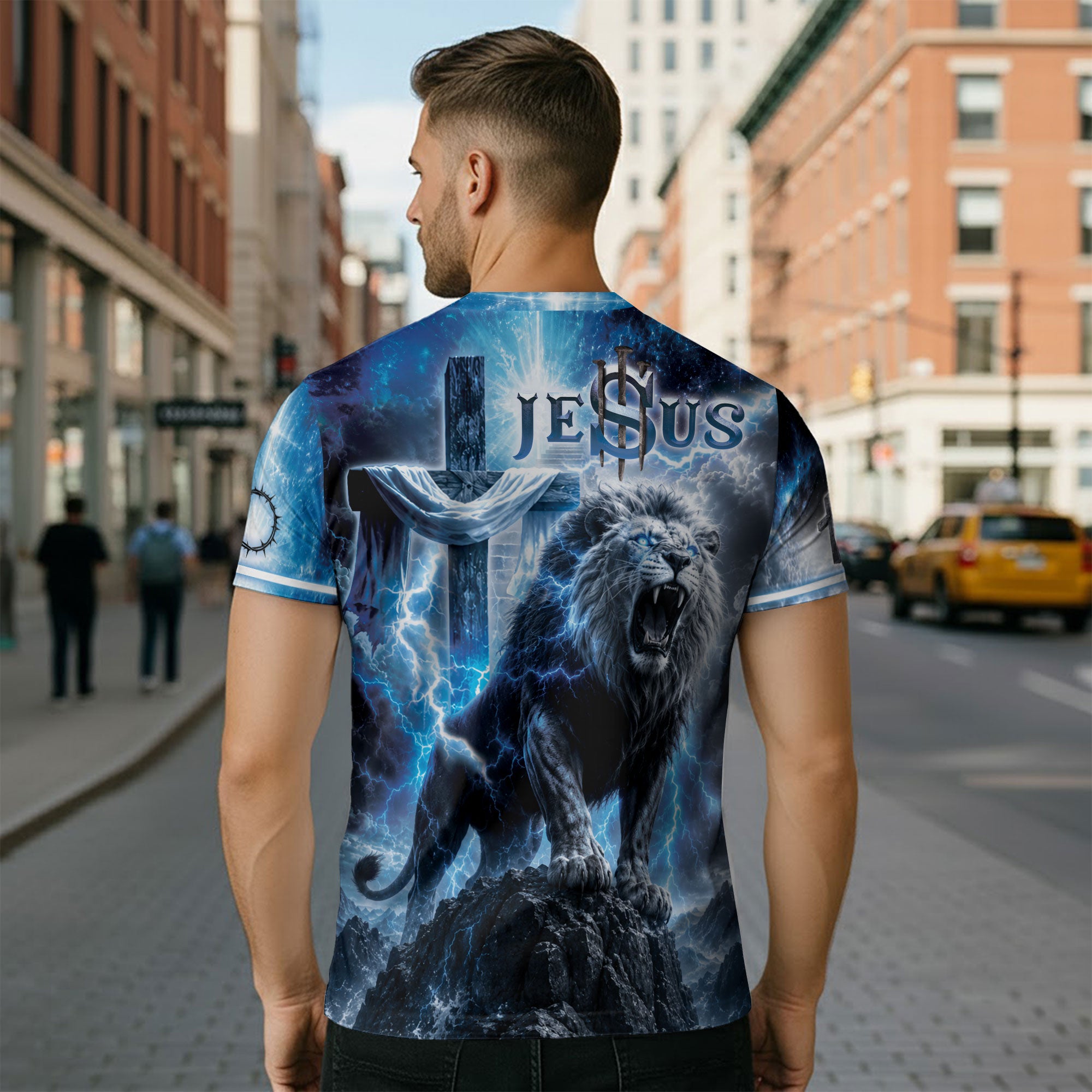 One Nation Under God T Shirt 3D Christian Blue Lion Cross Graphic Lightning Tee
