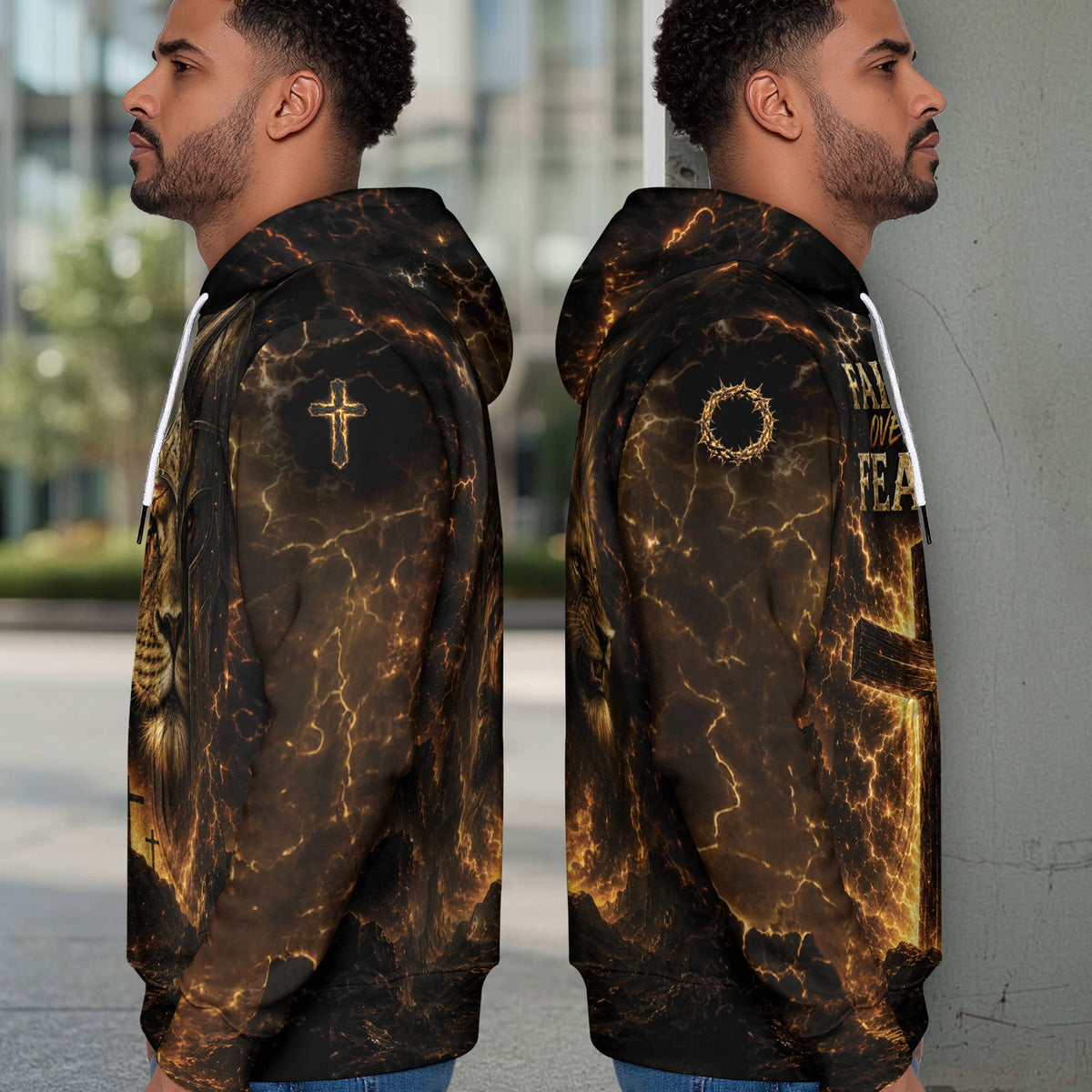 Faith Over Fear 3D Hoodie Lion Christian Cross Warrior Helmet Pullover - Rust Field Wear
