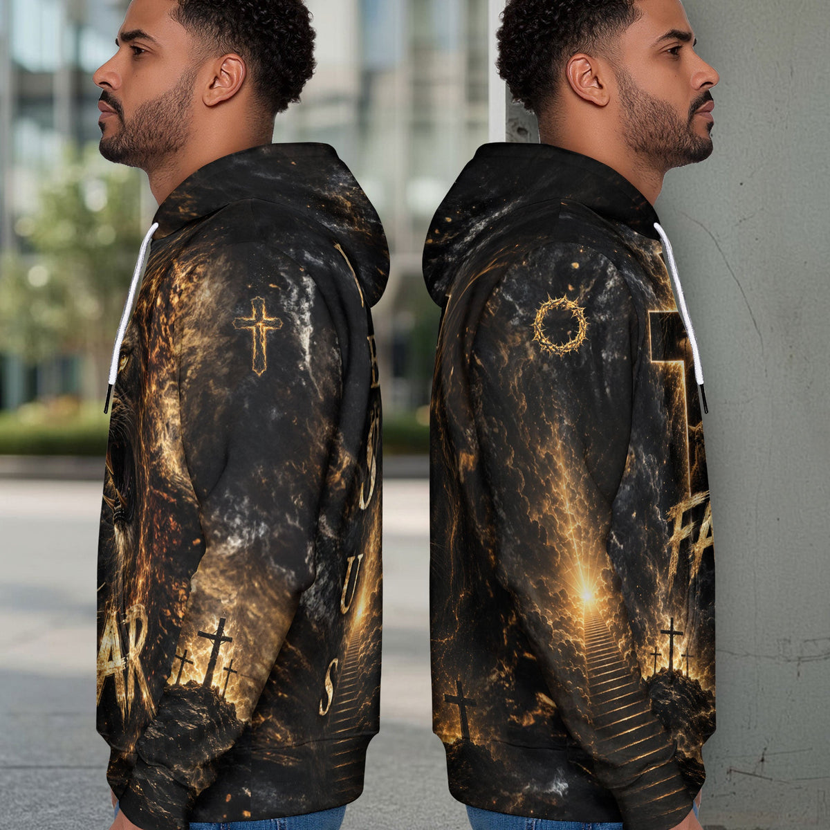 Faith Over Fear 3D Hoodie Jesus Lion Christian Cross Lamb Graphic Pullover - Rust Field Wear