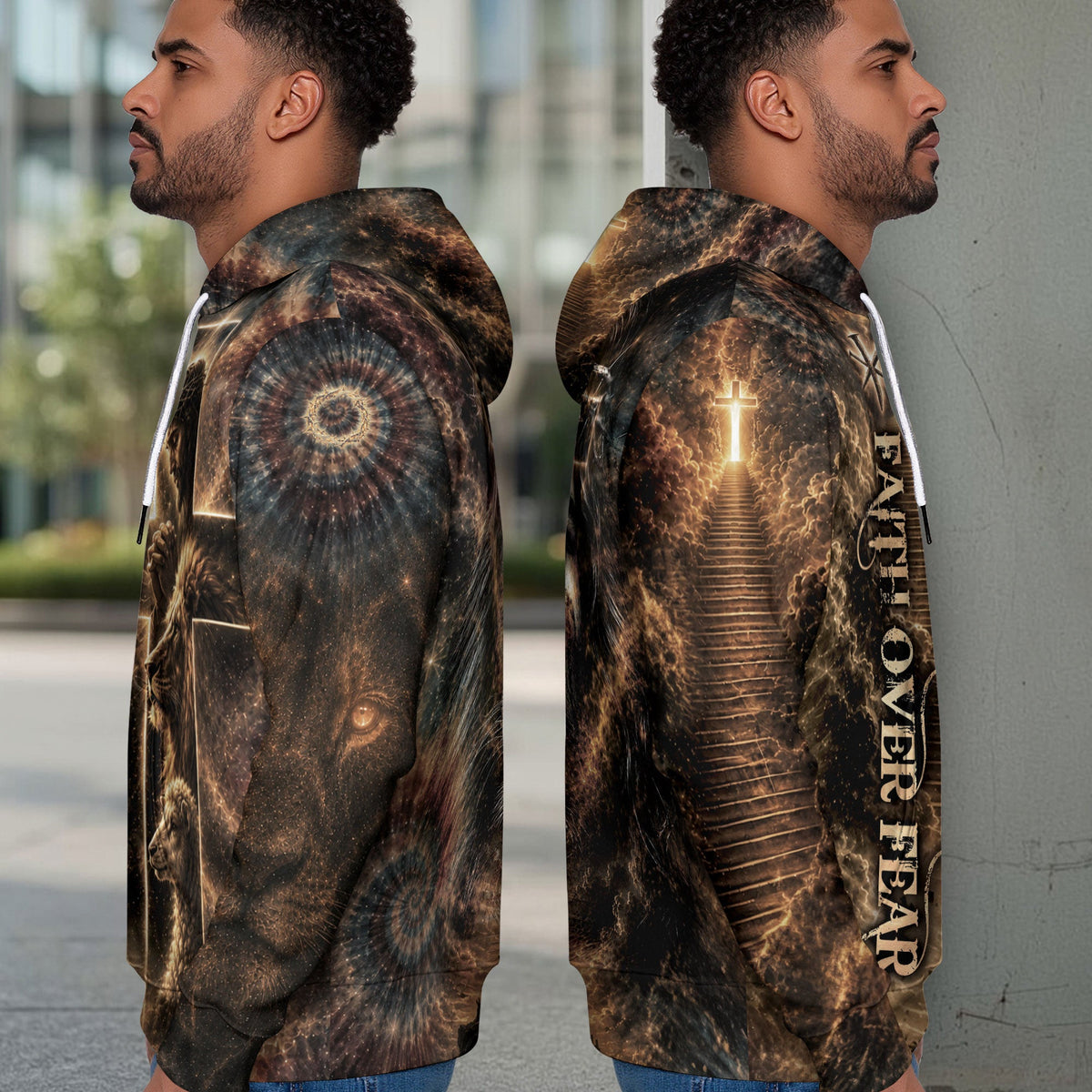 Faith Over Fear Hoodie 3D Jesus Christian Lion Cross Graphic Apparel Gift - Rust Field Wear