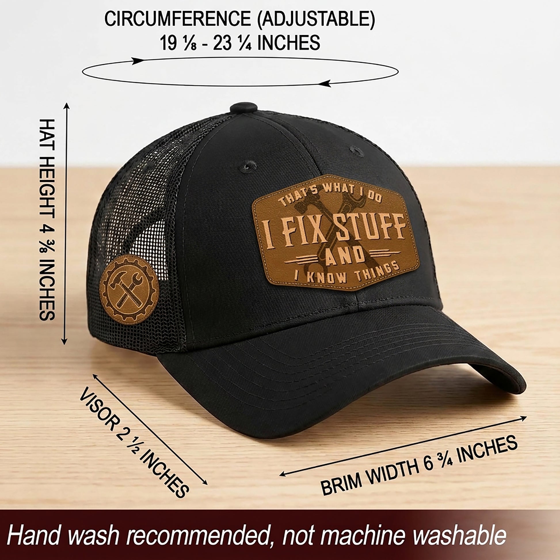 Black I Fix Stuff And I Know Things Hexagon Laser Engraved Leather Patch Trucker Hat - Rust Field Wear