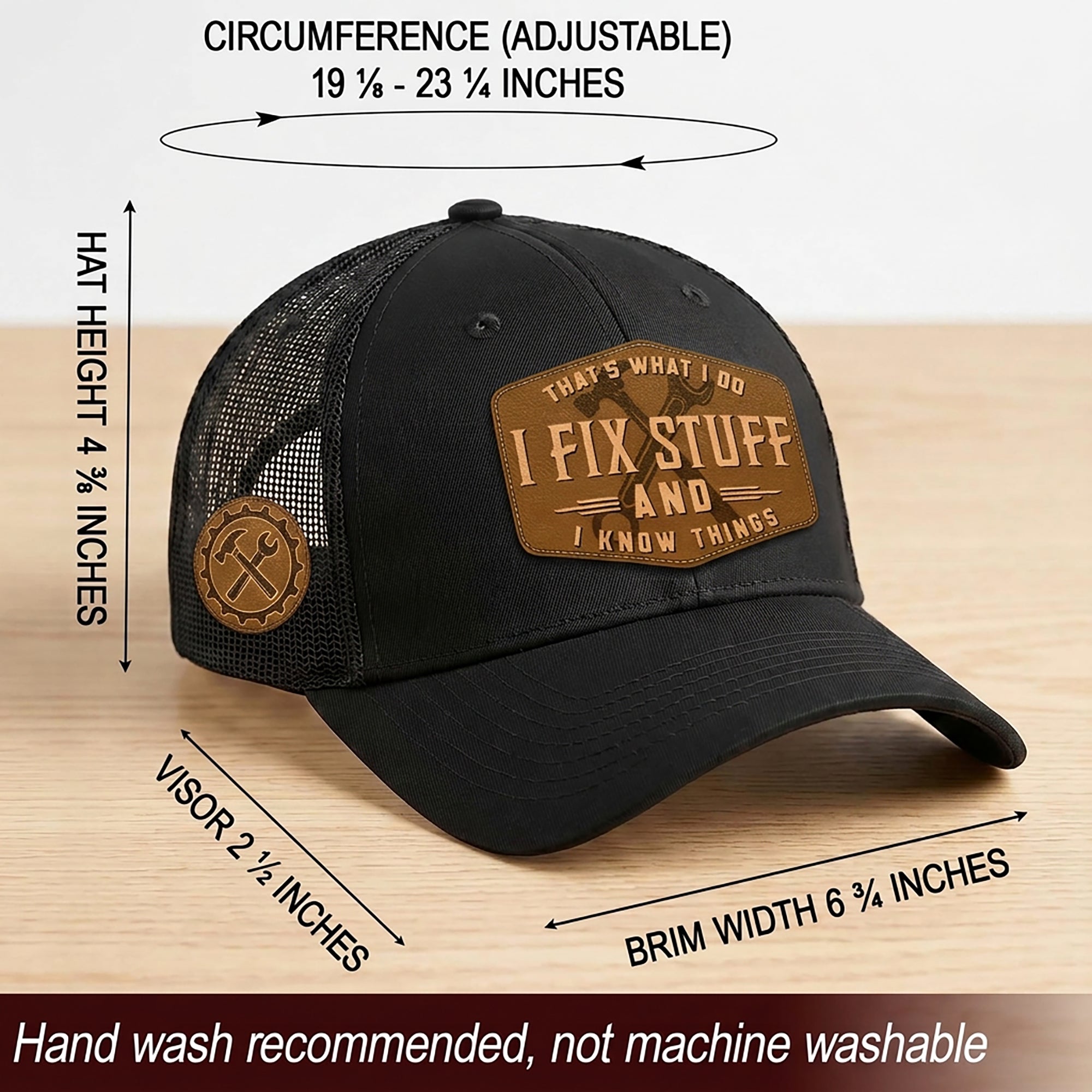 Black I Fix Stuff And I Know Things Hexagon Laser Engraved Leather Patch Trucker Hat - Rust Field Wear