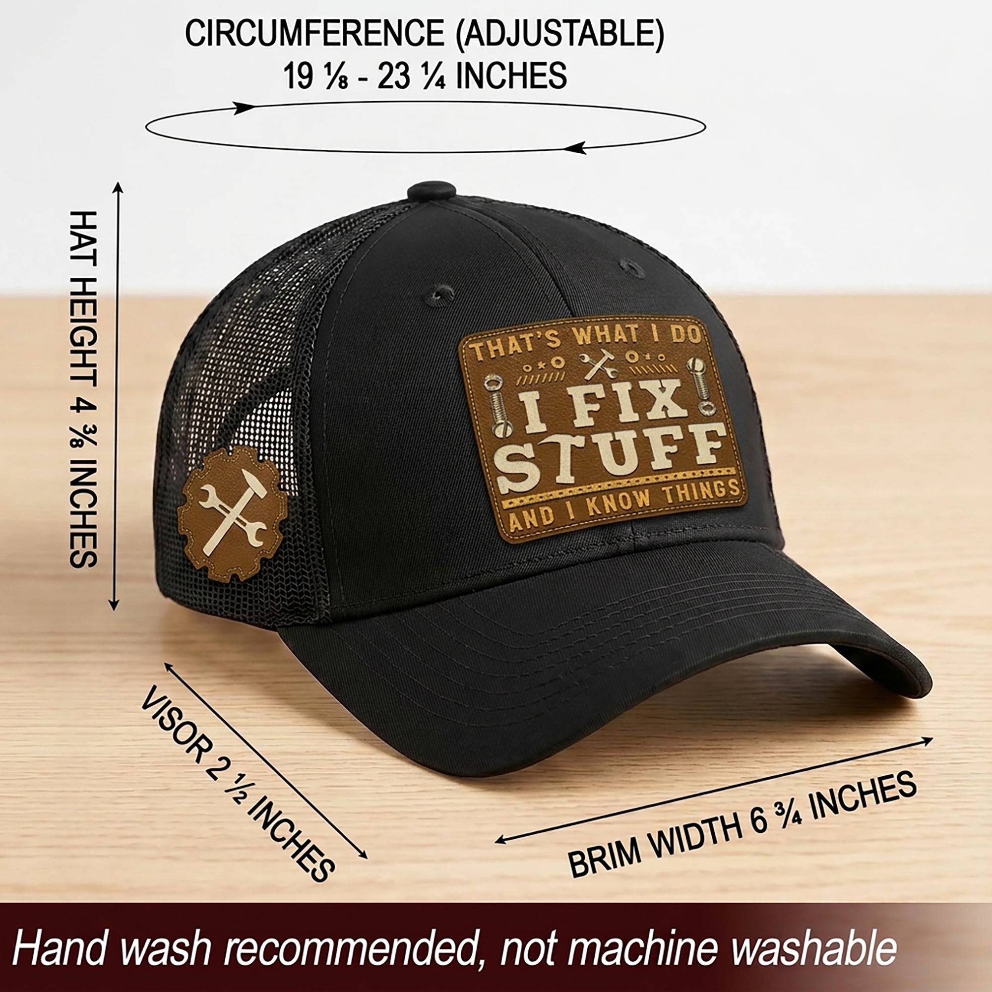 Black I Fix Stuff And I Know Things Square Laser Engraved Leather Patch Trucker Hat - Rust Field Wear