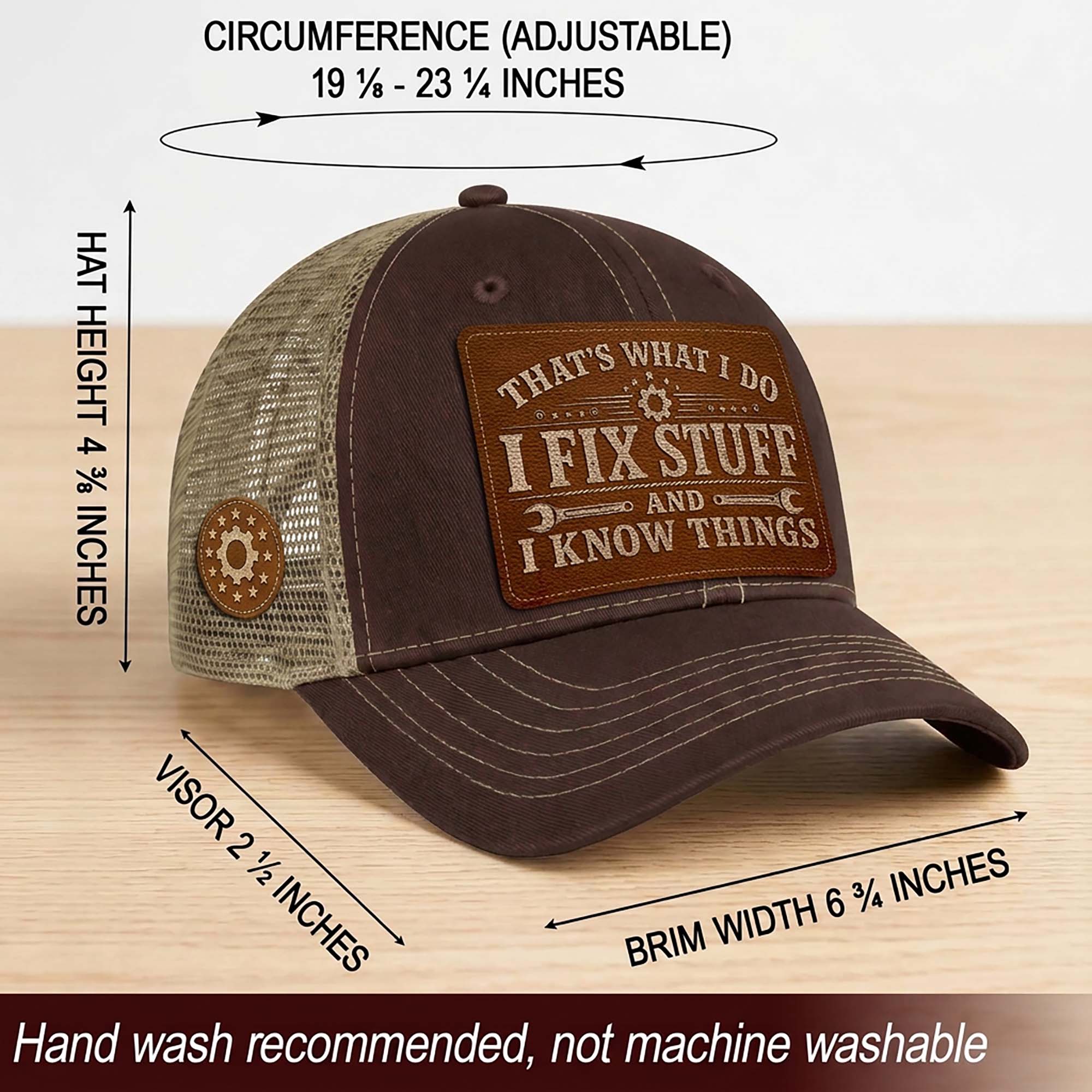 I Fix Stuff And I Know Things Laser Engraved Leather Patch Trucker Hat Mechanic Cap - Rust Field Wear