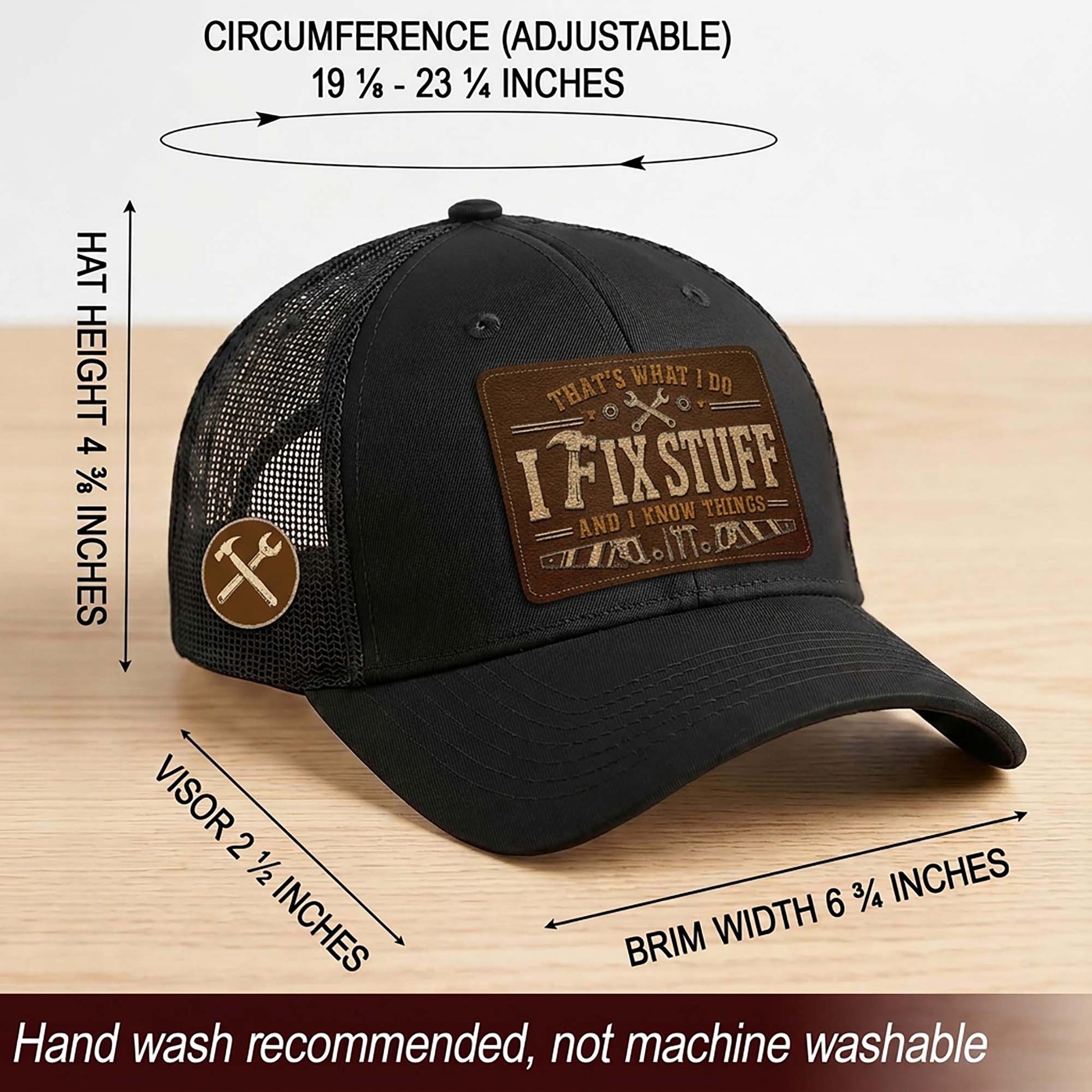 Black I Fix Stuff And I Know Things Laser Engraved Leather Patch Trucker Hat Cap - Rust Field Wear