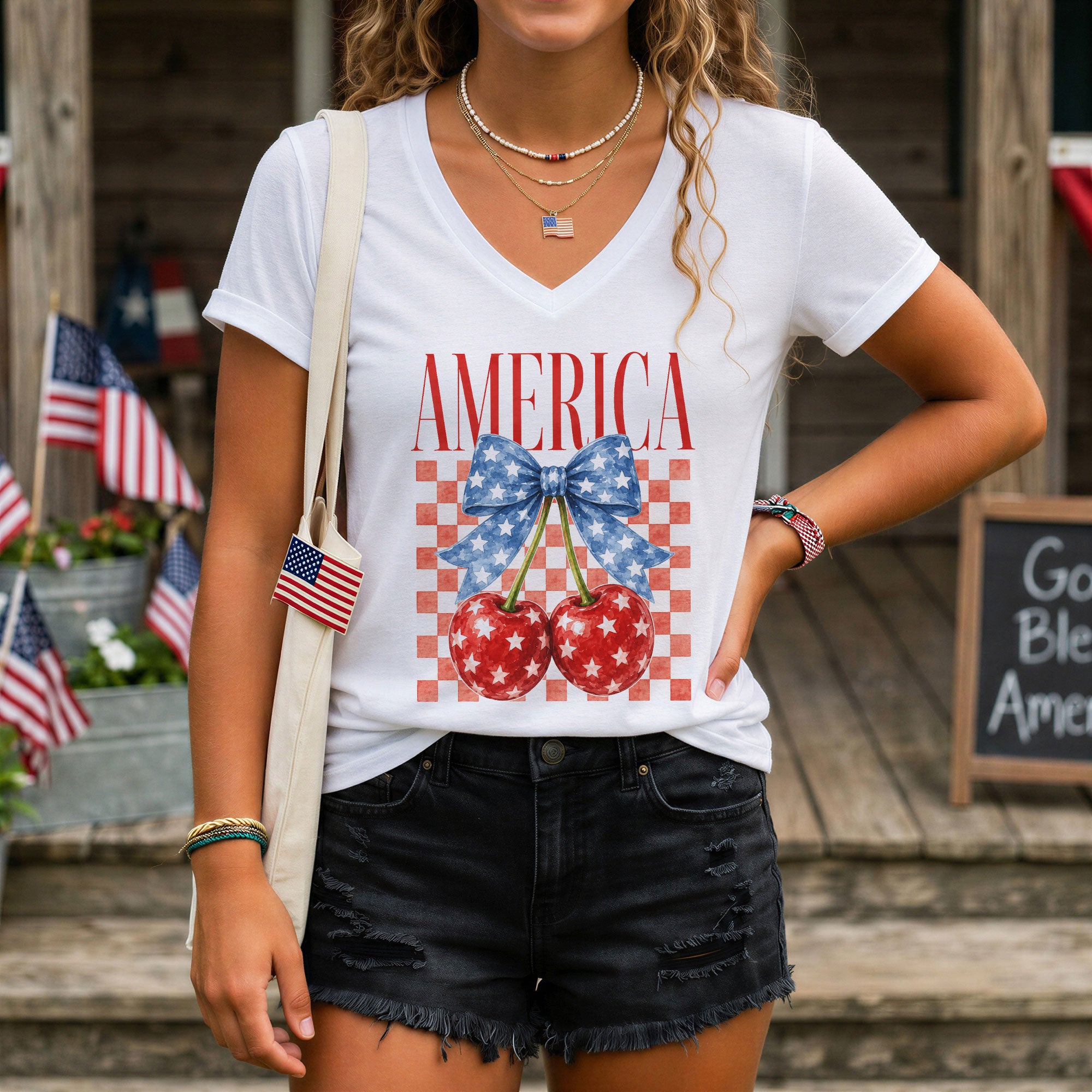 Women's V-Neck Patriotic Cherry Graphic T-Shirt - Cute American Flag Style Summer Top
