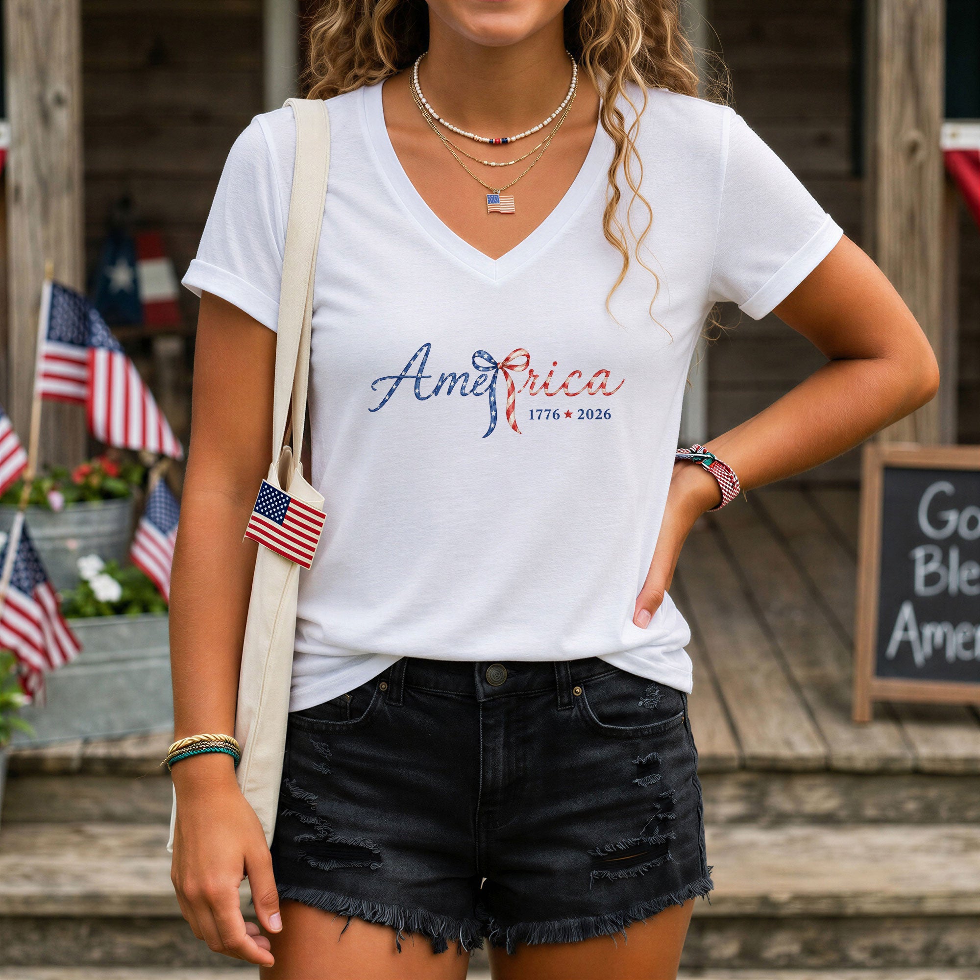 Stylish America 1776-2026 V-Neck T-Shirt - Cute Patriotic Women's Short Sleeve Top