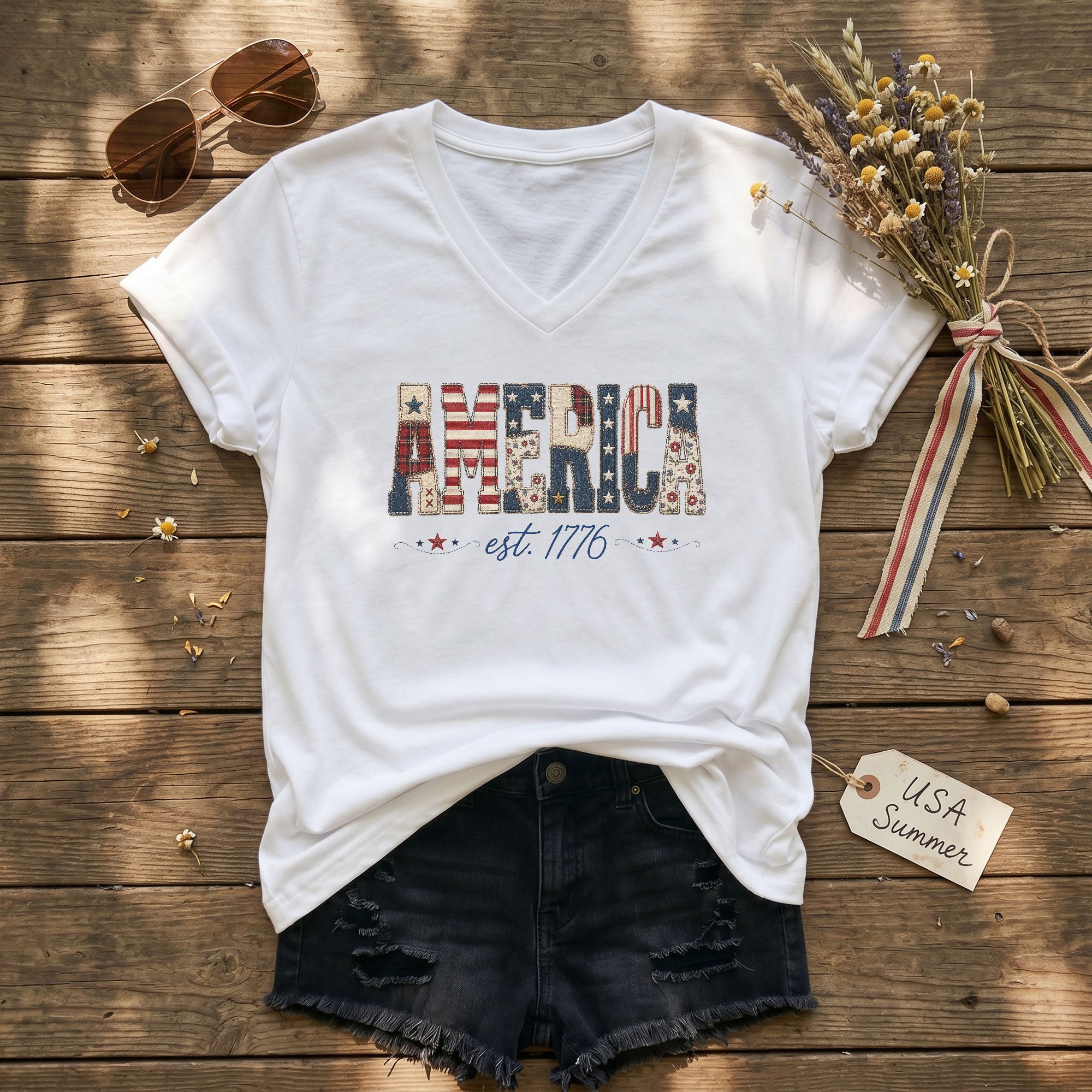 America Est. 1776 V-Neck Graphic Tee - Patriotic Women's Casual White Summer Shirt