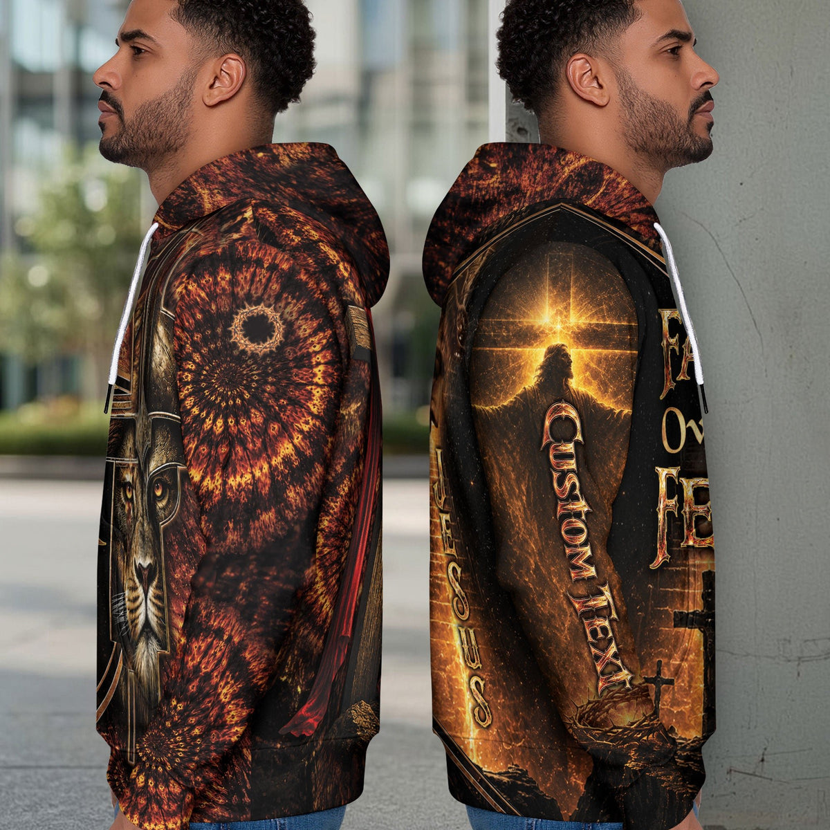 Custom Name Faith Over Fear 3D Hoodie Lion Christian Cross Warrior Helmet Gift - Rust Field Wear