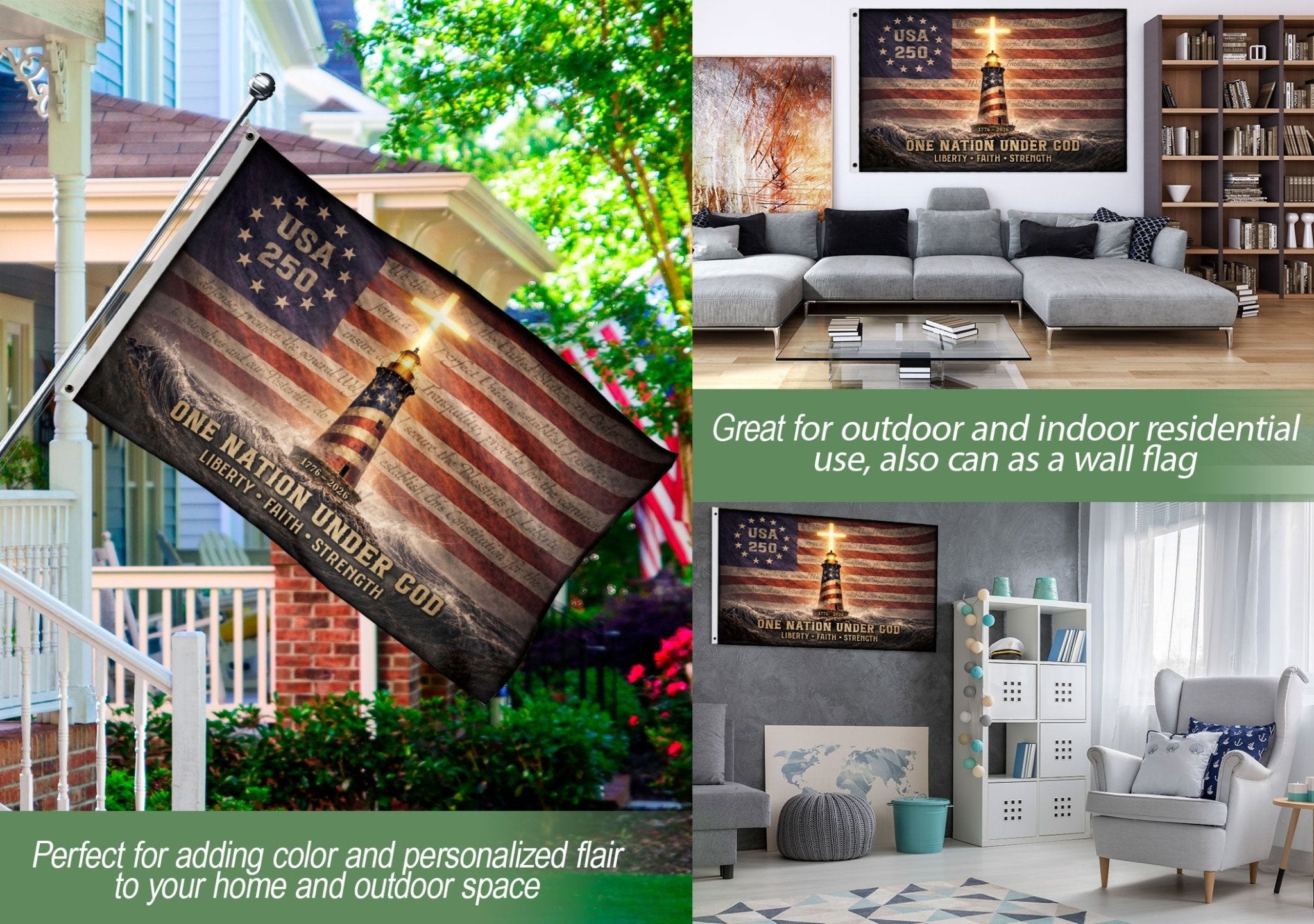 USA 250 Lighthouse Cross Flag – One Nation Under God Christian Patriotic Outdoor Flag 1776–2026 - Rust Field Wear