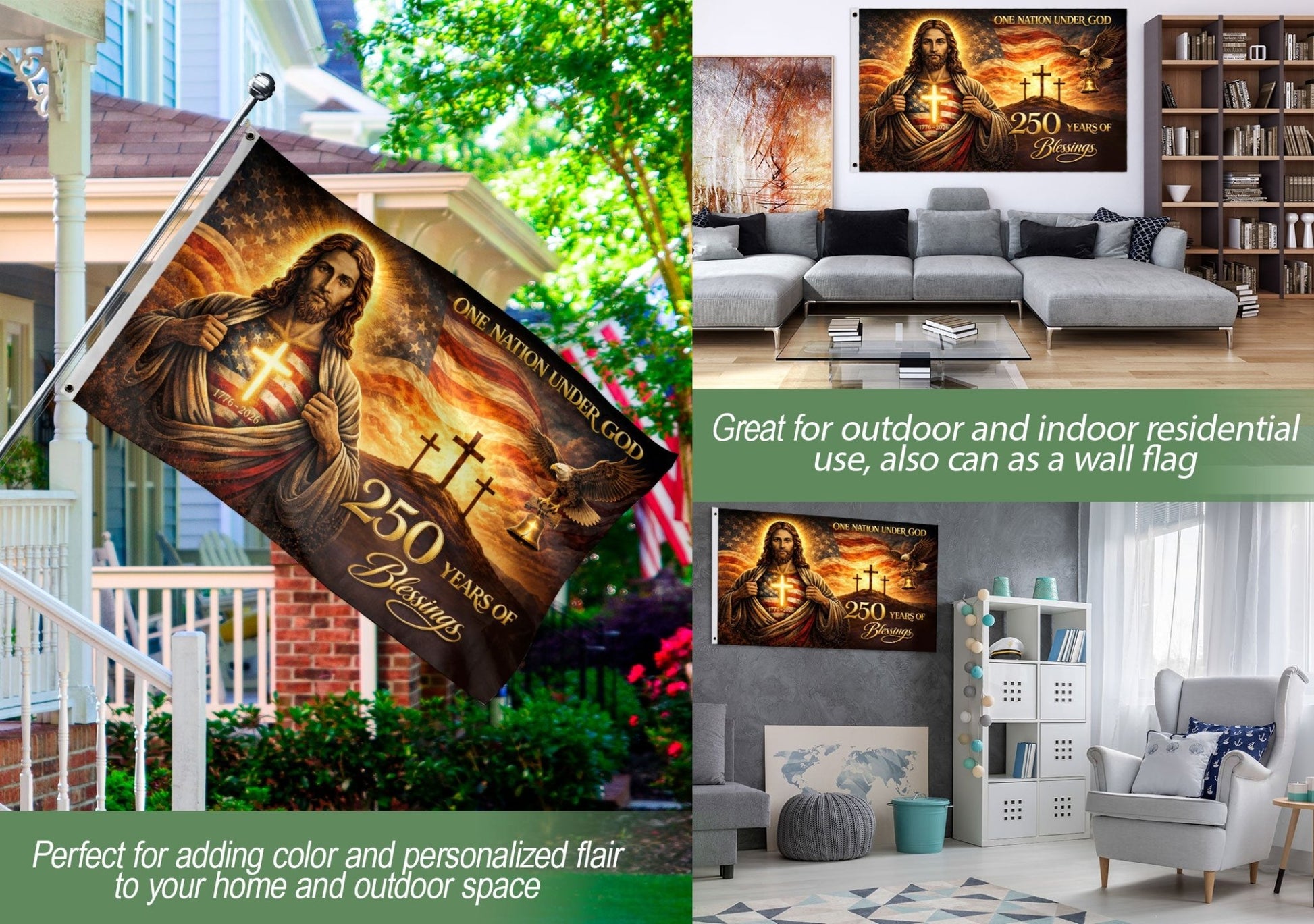 Christian American Heritage 250th Anniversary Flag - Jesus, Eagle, Liberty Bell & Crosses Outdoor Banner - Rust Field Wear