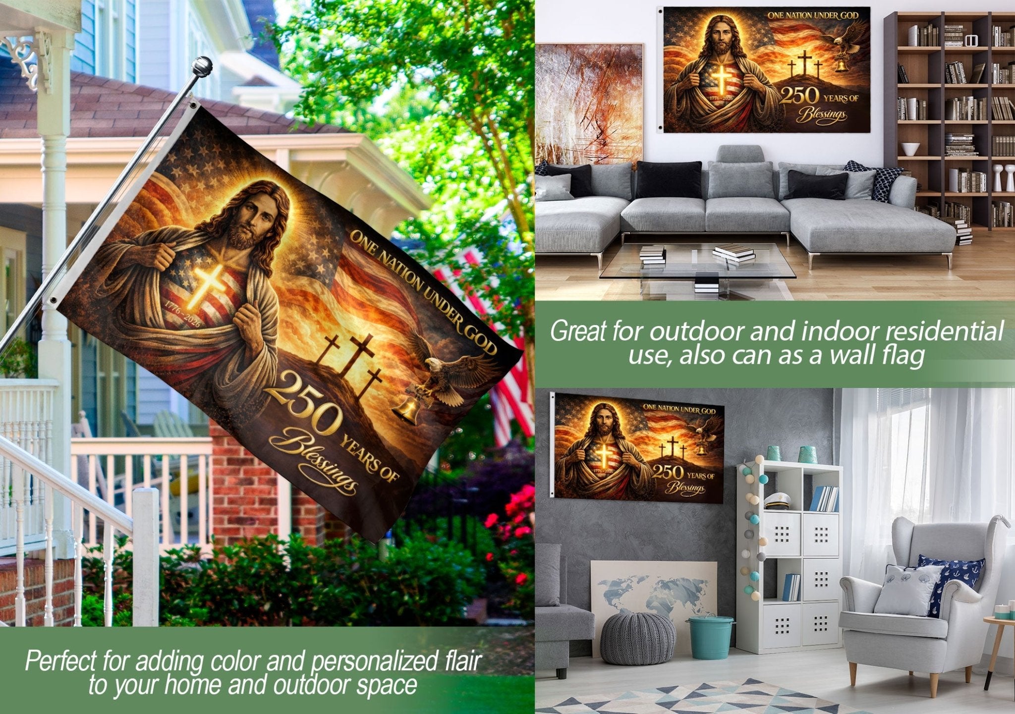 Christian American Heritage 250th Anniversary Flag - Jesus, Eagle, Liberty Bell & Crosses Outdoor Banner - Rust Field Wear