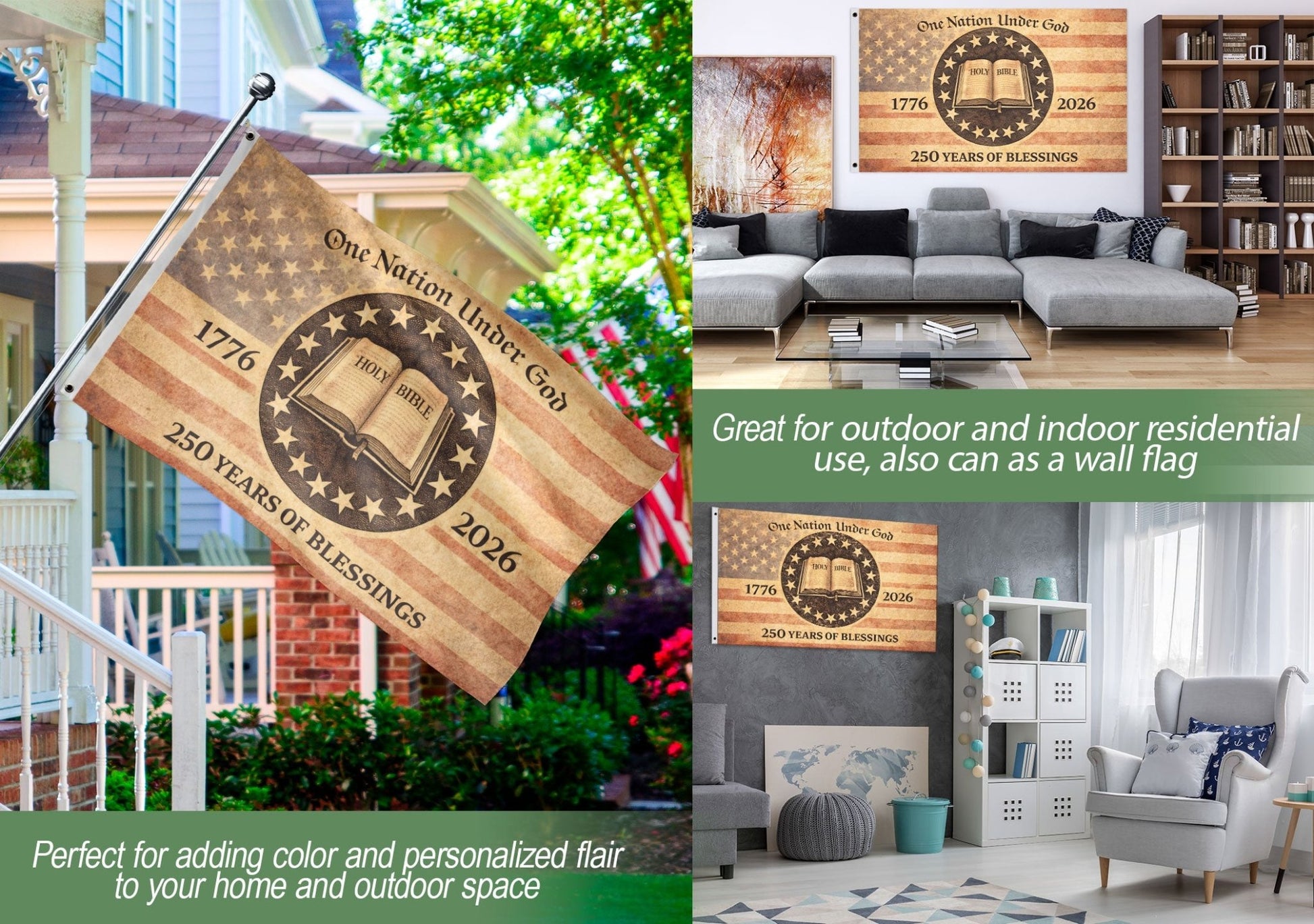 One Nation Under God America Christian Patriotic 250th Anniversary Flag - 250 Years of Blessings Holy Bible & Cross Banner, 1776-2026 Patriotic Double Sided Flag - Rust Field Wear
