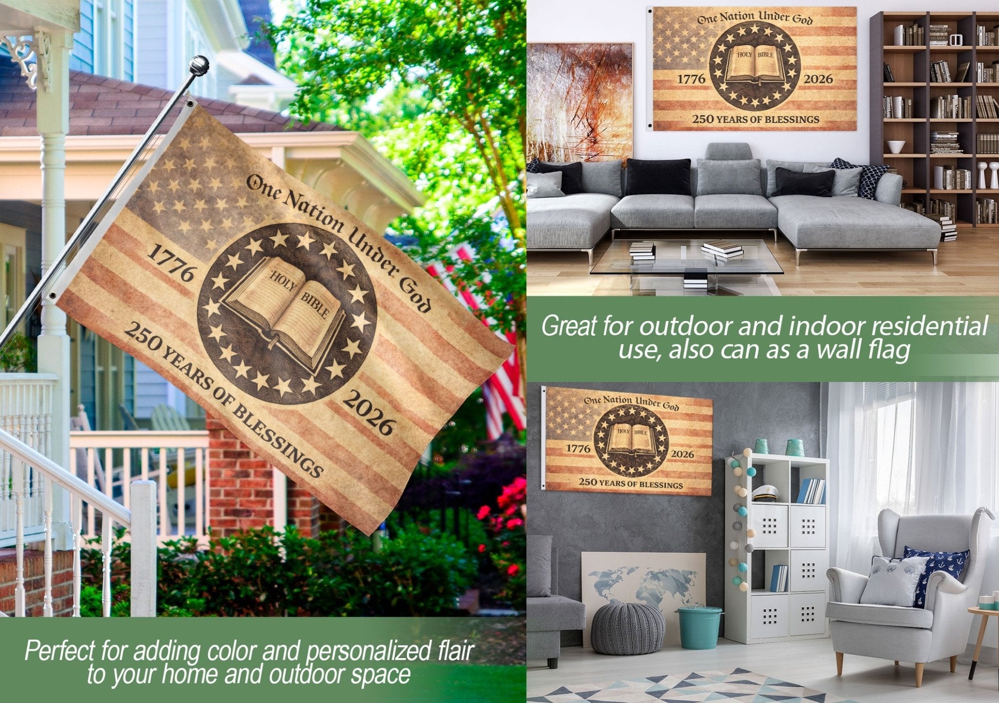 One Nation Under God America Christian Patriotic 250th Anniversary Flag - 250 Years of Blessings Holy Bible & Cross Banner, 1776-2026 Patriotic Double Sided Flag - Rust Field Wear