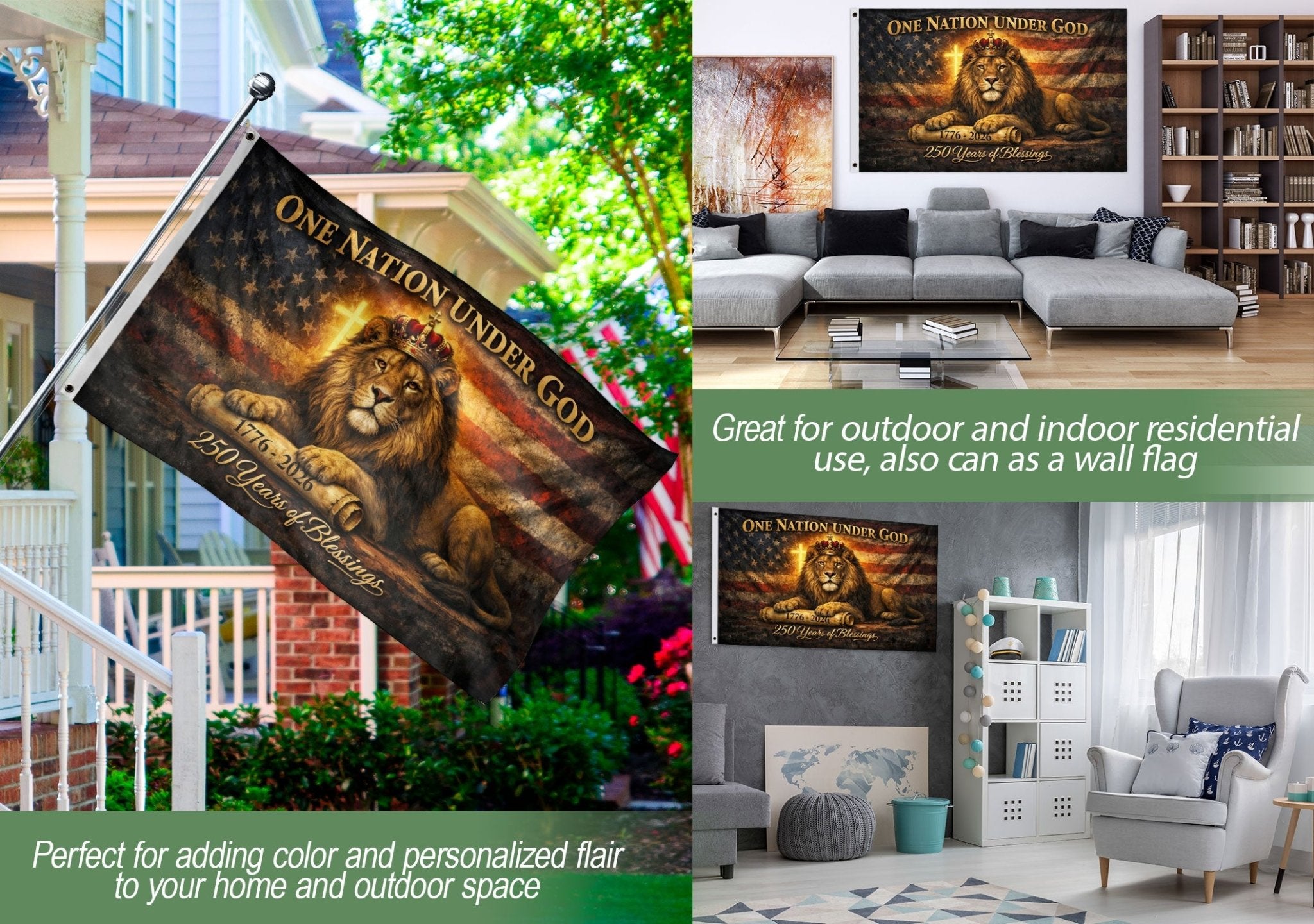Lion of Judah American Heritage Flag - 250 Years of Blessings Patriotic Banner, One Nation Under God Double Sided 1776-2026 Flag - Rust Field Wear