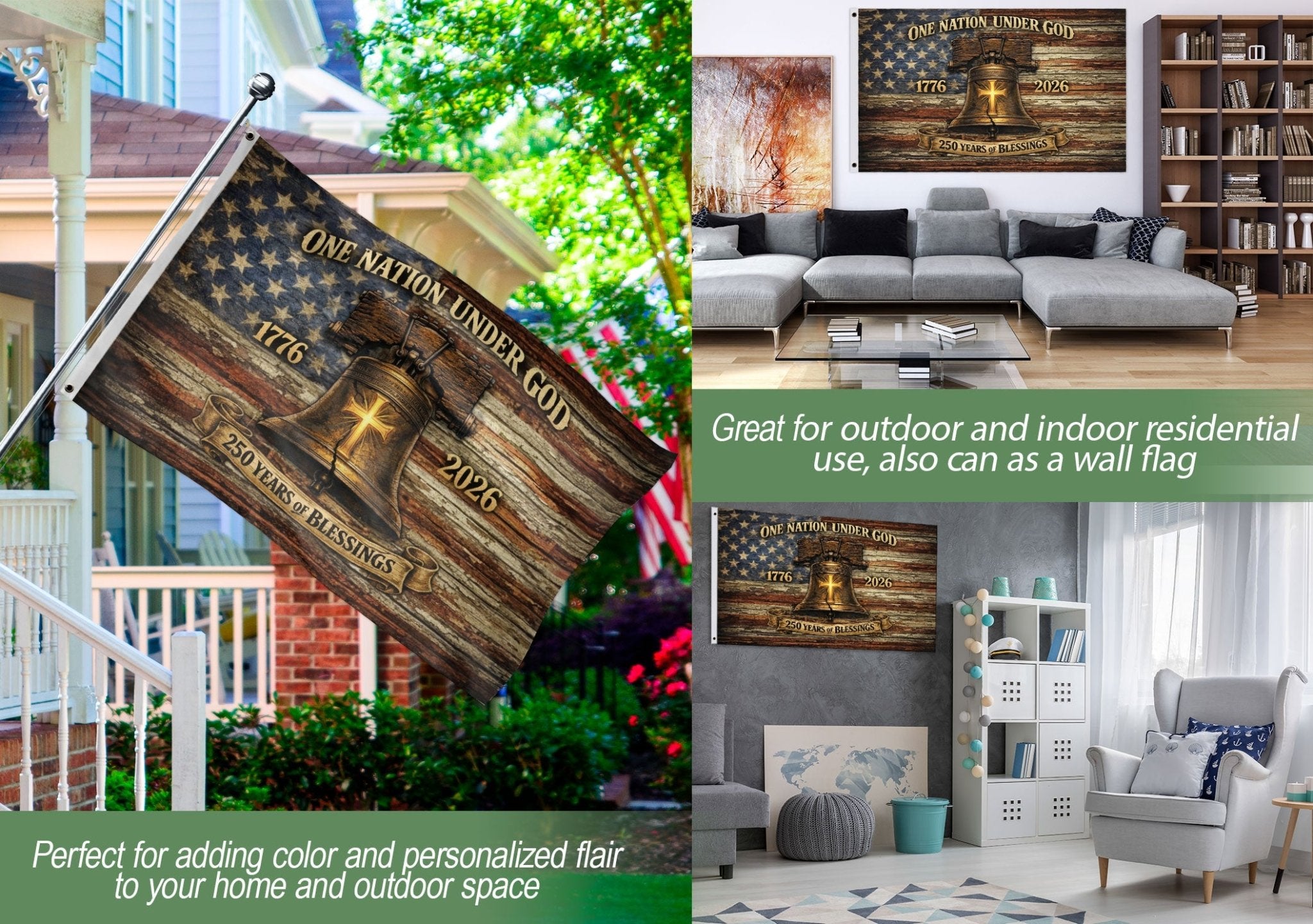 One Nation Under God America 250th Anniversary Flag - 250 Years of Blessings Liberty Bell & Cross Design, 1776-2026 Patriotic Double Sided Flag - Rust Field Wear