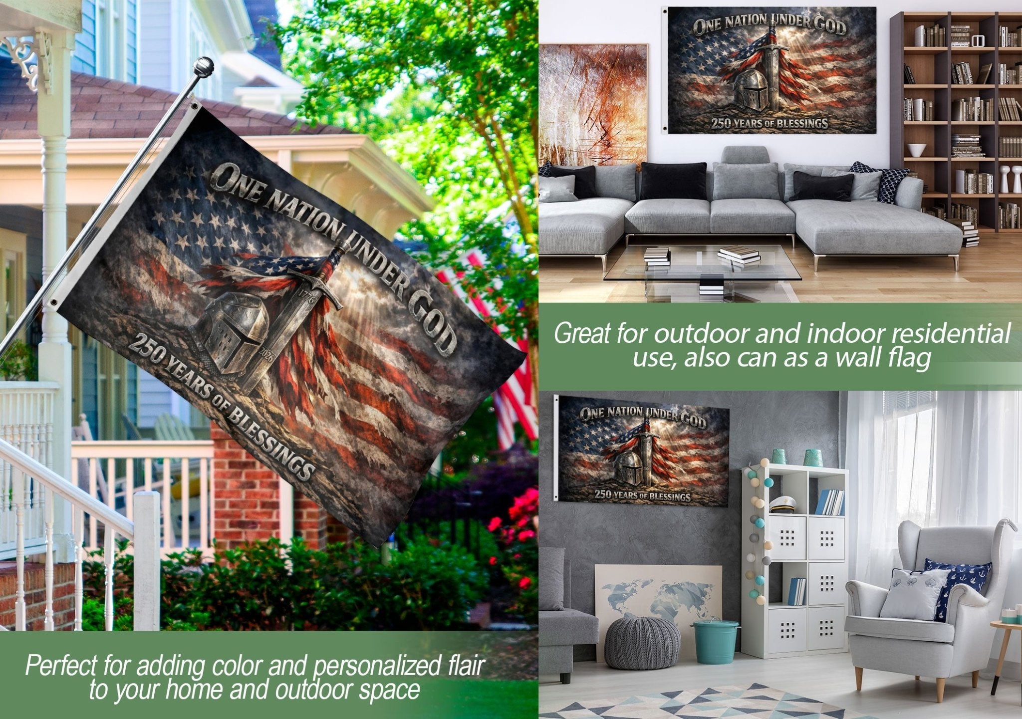 Christian Patriotic One Nation Under God USA 250th Birthday Flag - 250 Years of Blessings, Double Sided Flag - Rust Field Wear