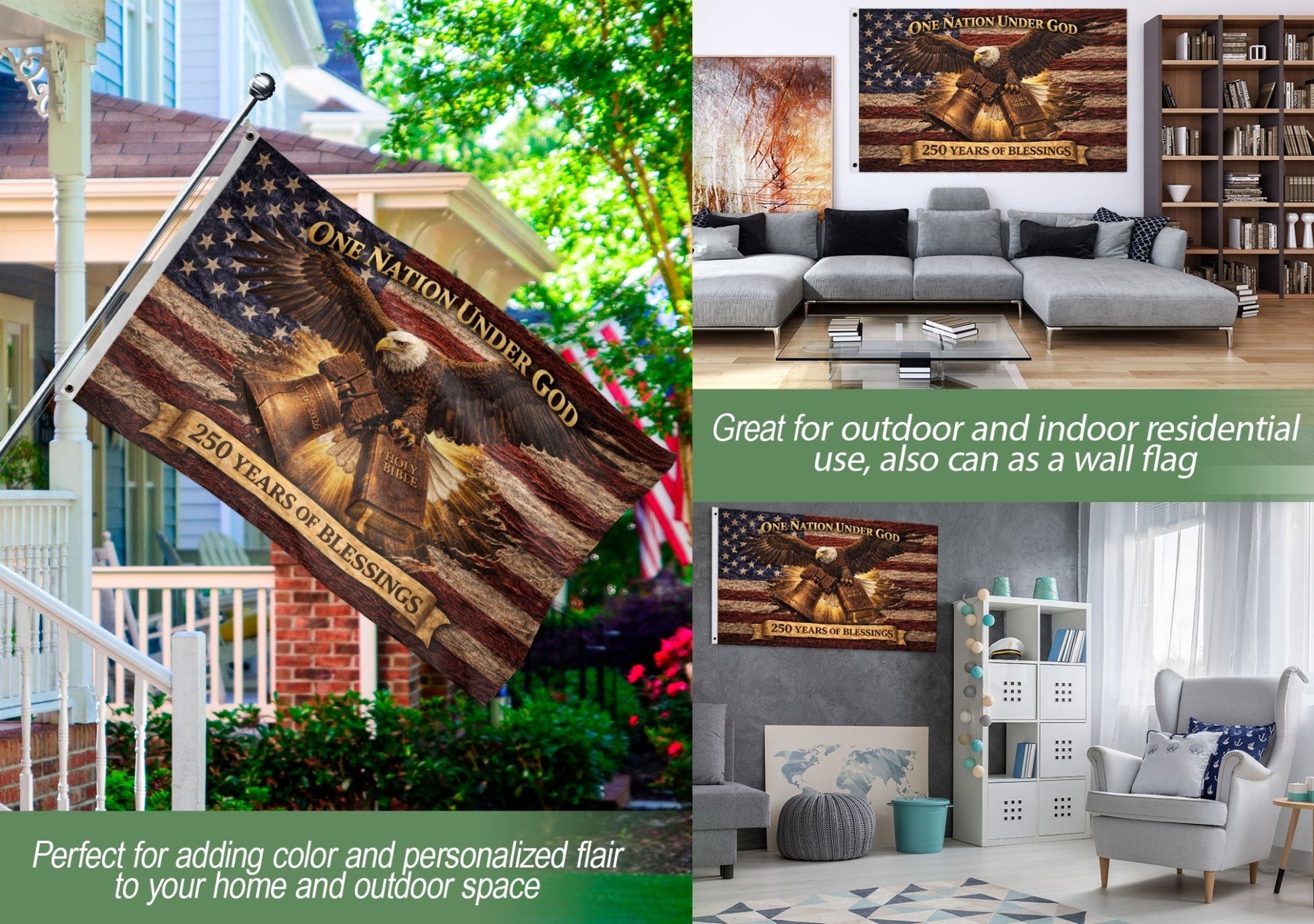 One Nation Under God 250 Years Flag (1776–2026) – Bald Eagle with Holy Bible Patriotic Christian Banner - Rust Field Wear