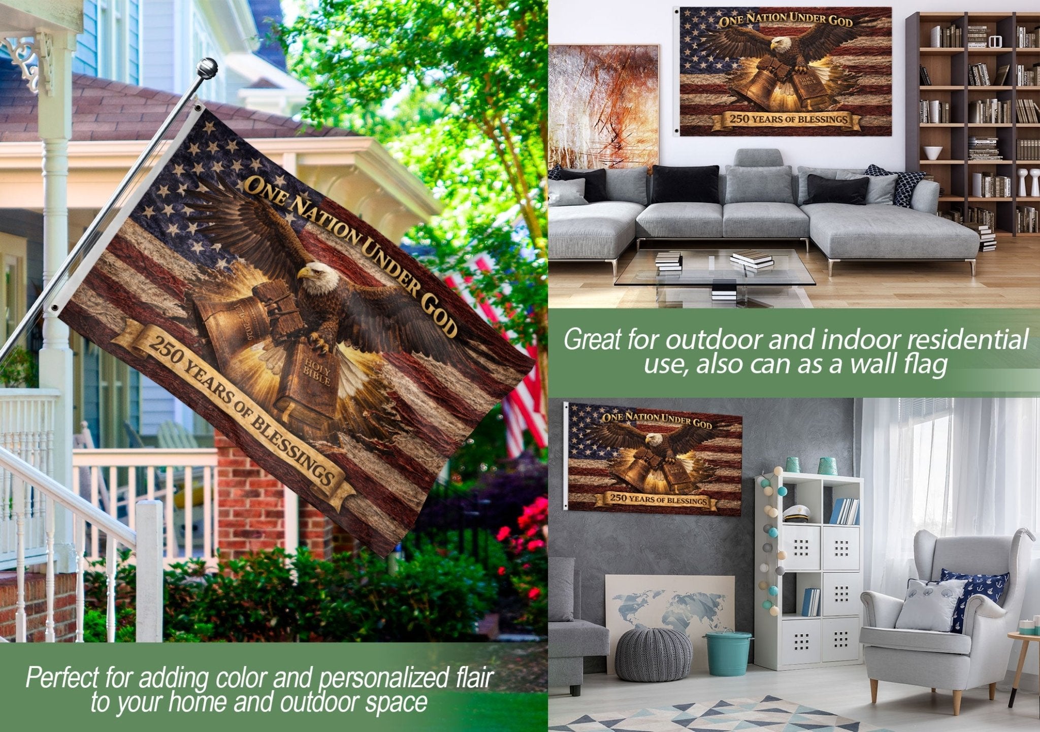 One Nation Under God 250 Years Flag (1776–2026) – Bald Eagle with Holy Bible Patriotic Christian Banner - Rust Field Wear