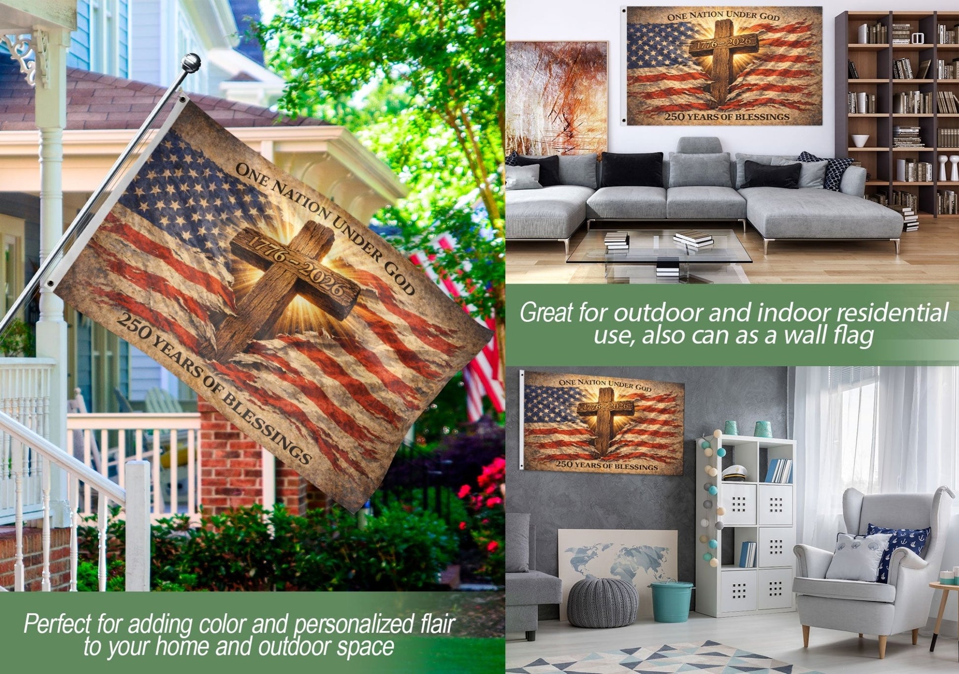 One Nation Under God 250th Anniversary Flag (1776–2026) – Cross and American Flag Christian Patriotic Banner - Rust Field Wear