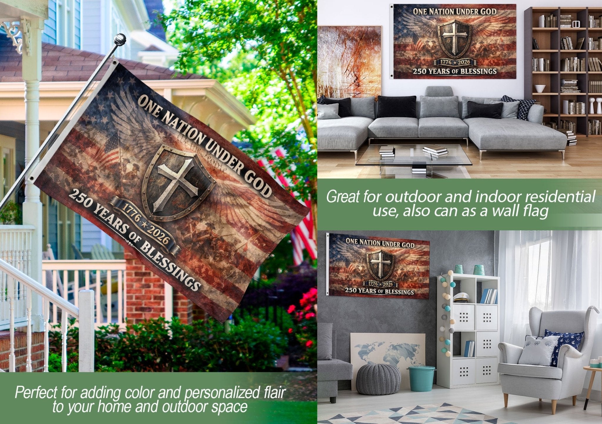 250 Years America Anniversary Flag, 1776-2026 Double Sided - Patriotic One Nation Under God House Banner - Rust Field Wear