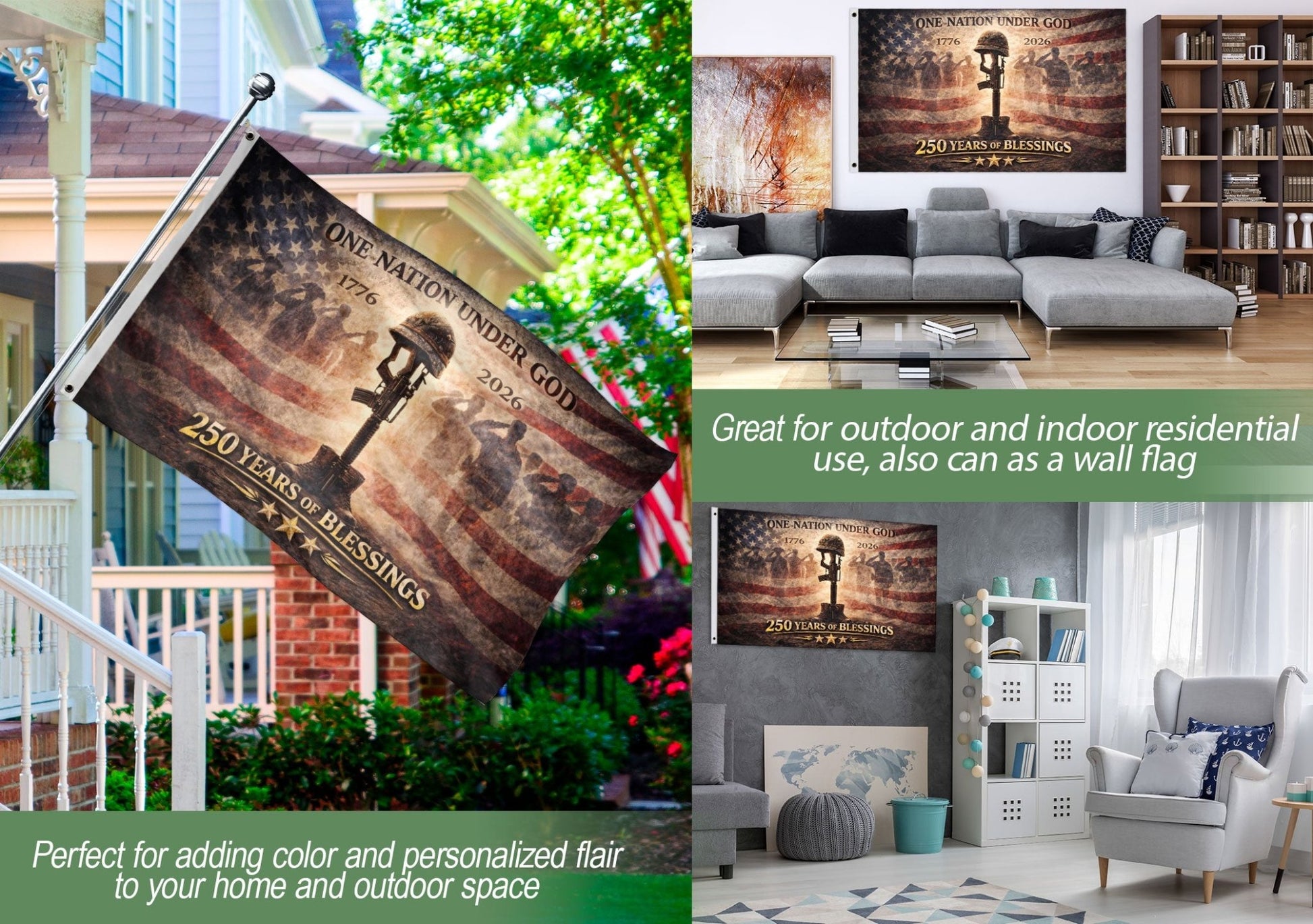 250 Years America Anniversary Military Flag, Double Sided House Banner - Fallen Soldier Battle Cross 1776-2026 - Rust Field Wear