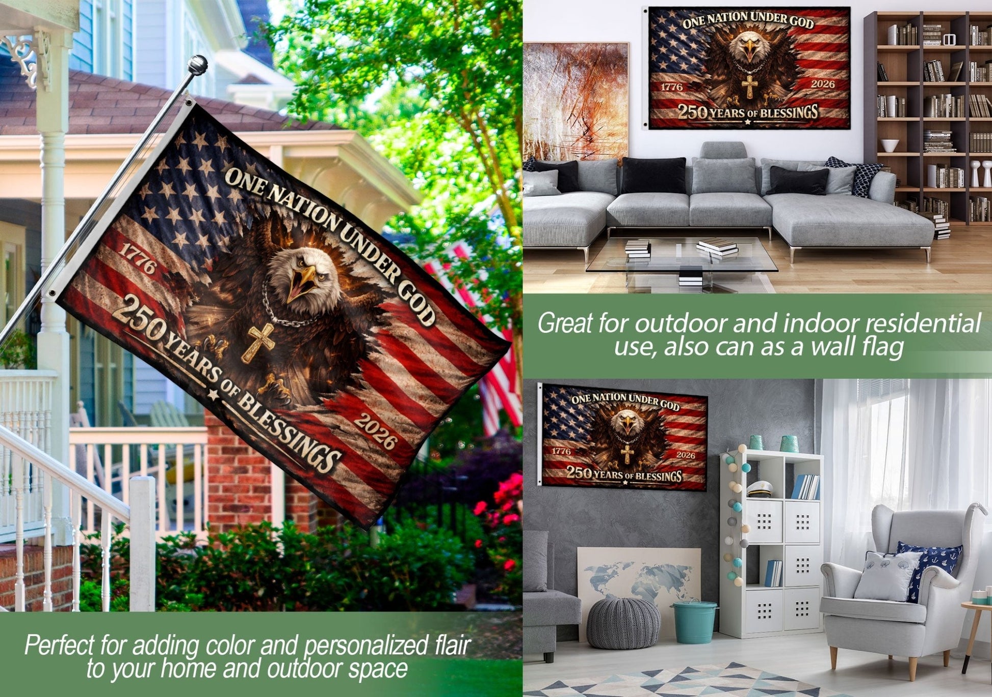 One Nation Under God 250th Anniversary Flag (1776–2026) – Bald Eagle and Cross Patriotic Christian Banner - Rust Field Wear