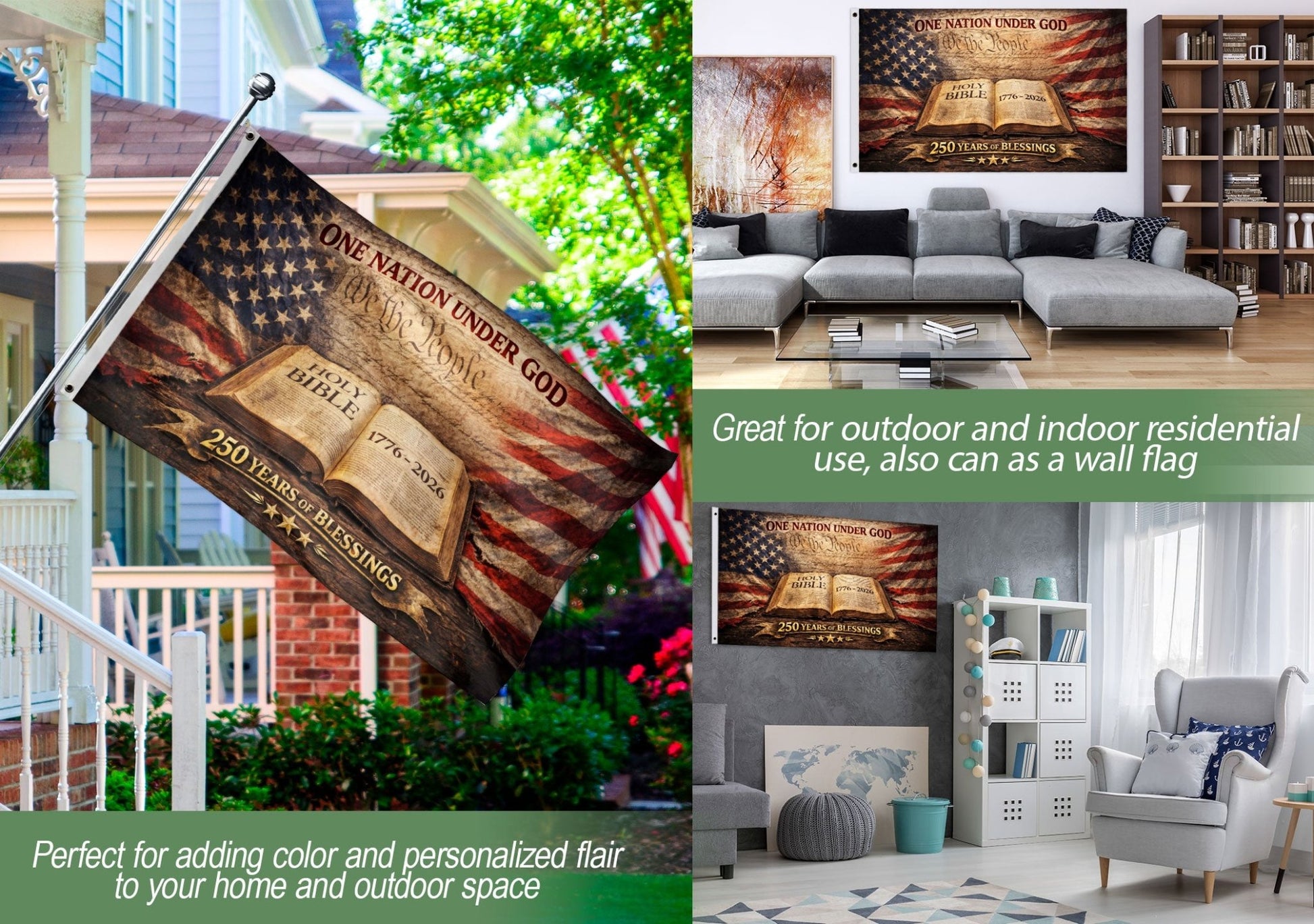 One Nation Under God 250th Anniversary Flag (1776–2026) – Holy Bible and We the People Patriotic Christian Banner - Rust Field Wear