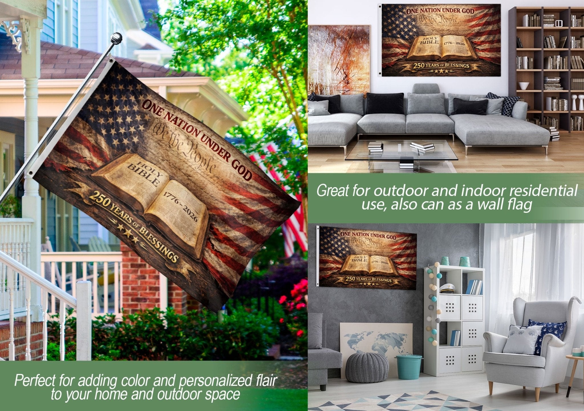 One Nation Under God 250th Anniversary Flag (1776–2026) – Holy Bible and We the People Patriotic Christian Banner - Rust Field Wear