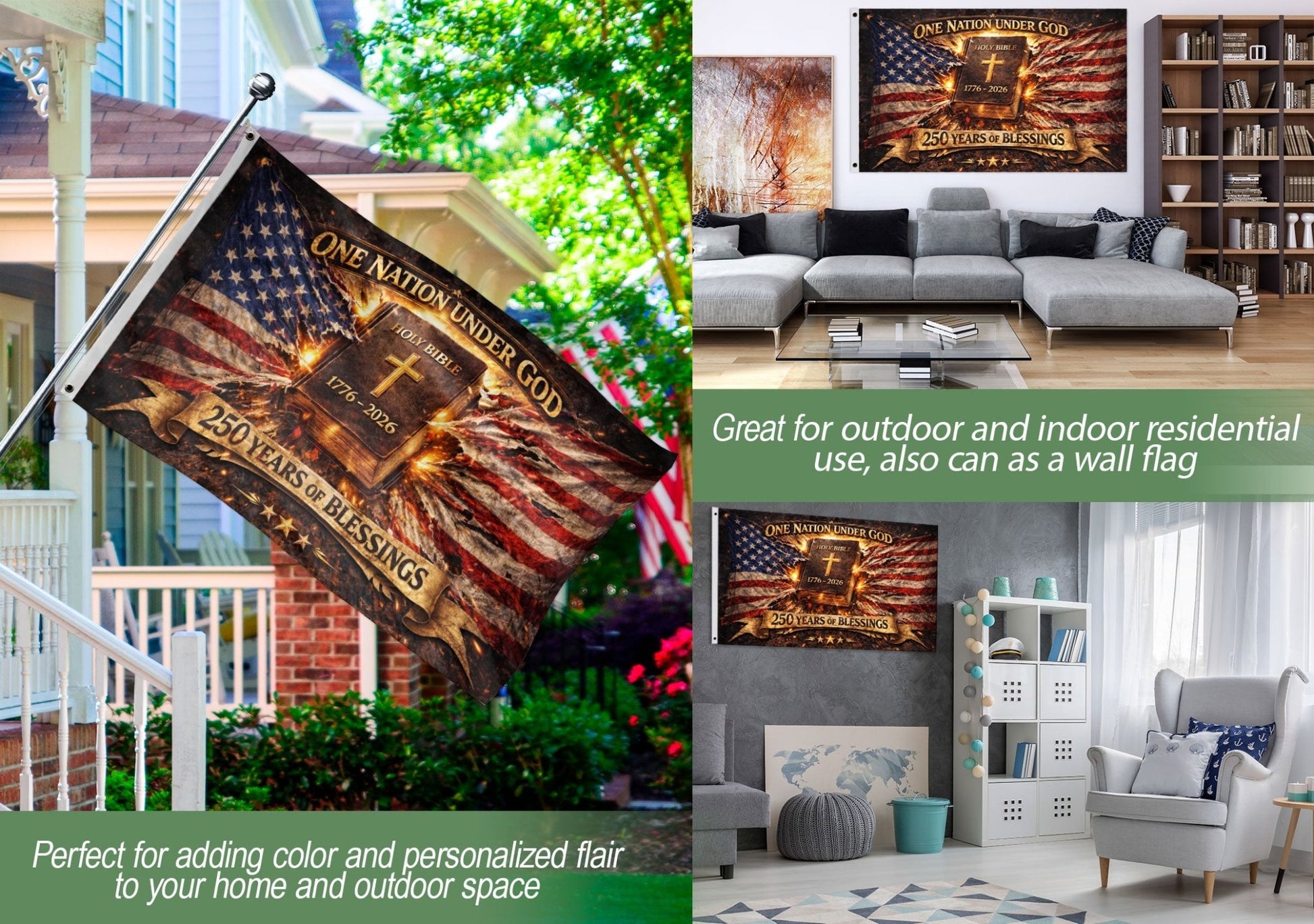1776-2026 One Nation Under God 250th Anniversary Flag, 250 Years of Blessings & Holy Bible America - Double Sided Christian USA House Flag - Rust Field Wear