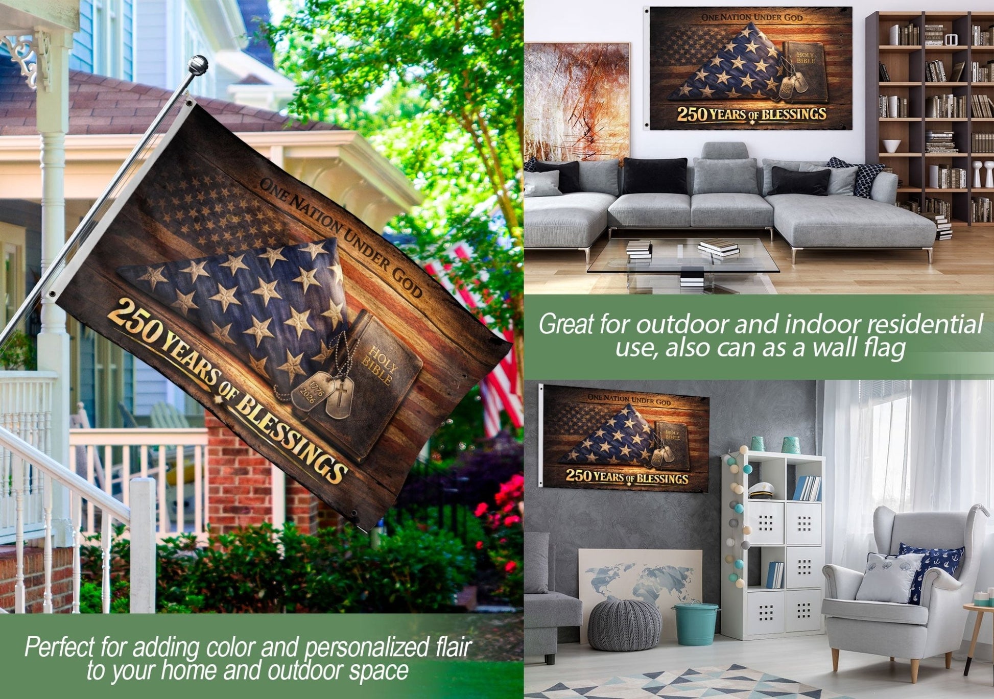 Christian 250 Years America Anniversary Flag, Holy Bible & One Nation Under God 1776-2026 - Double Sided Faith House Banner - Rust Field Wear