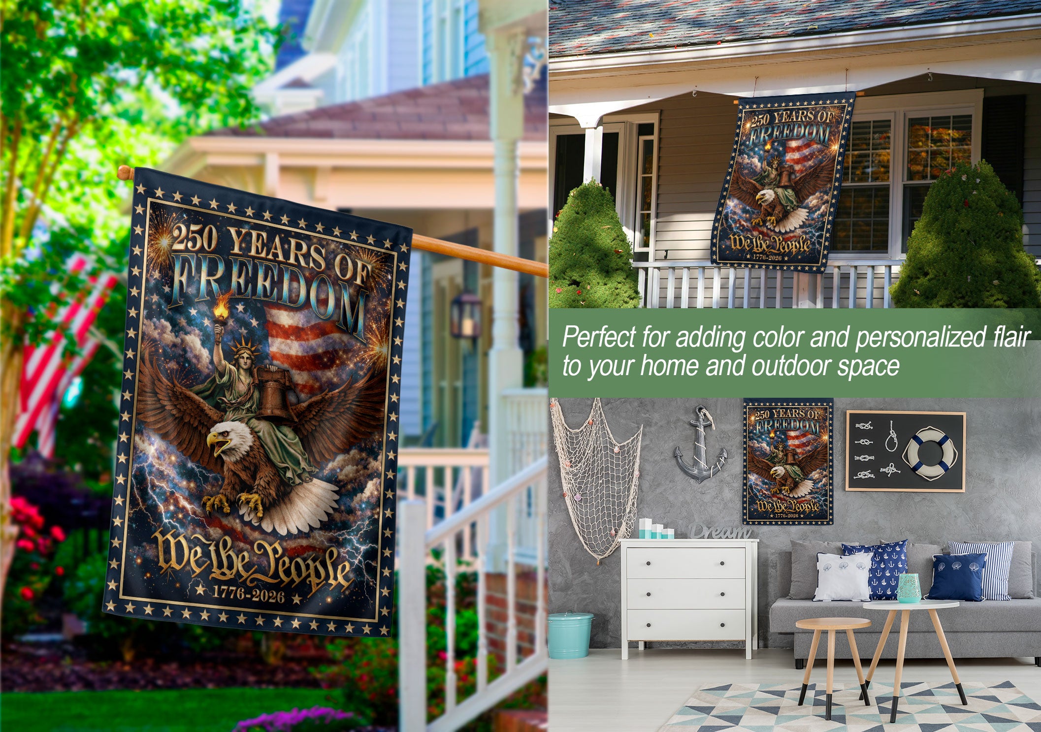 USA 250th Anniversary 1776–2026 House Flag – We The People Statue of Liberty Riding Eagle Double Sided Patriotic Decor
