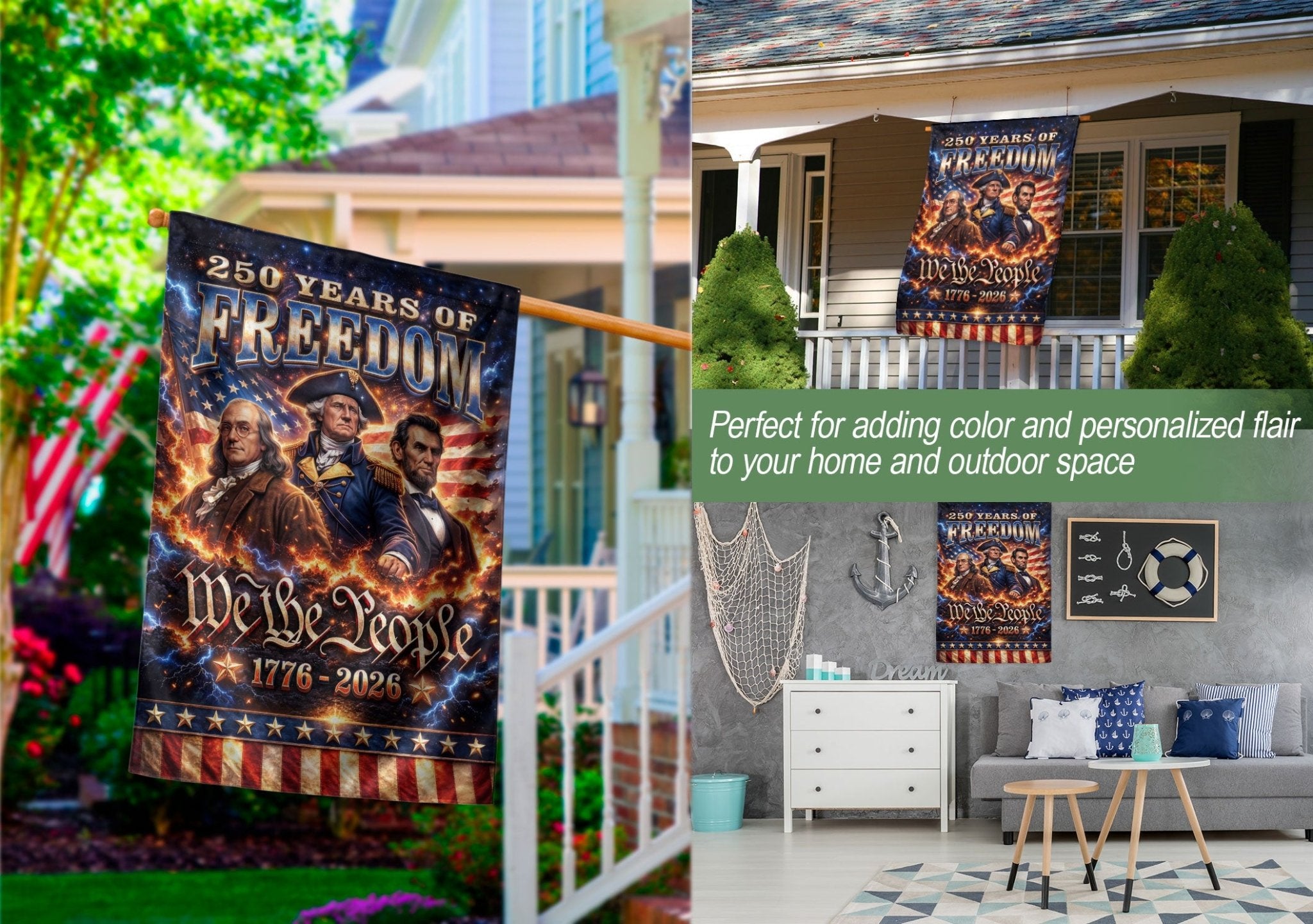 We The People 250 Years of Freedom 1776–2026 House Flag – Washington Lincoln Franklin Double Sided Patriotic Decor - Rust Field Wear