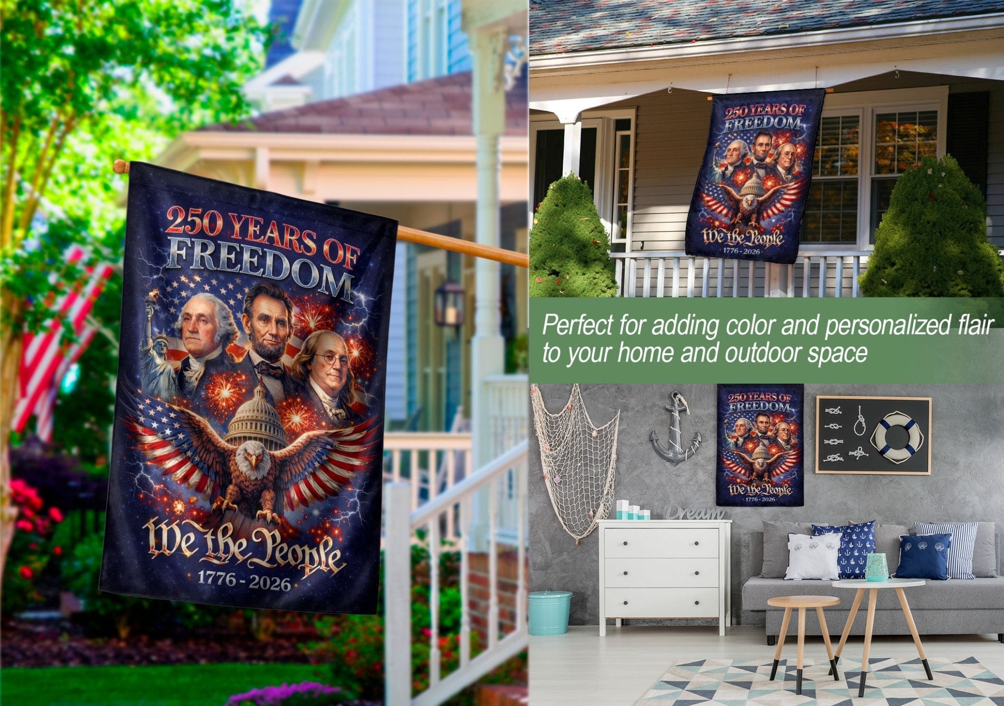 America 250 Years of Freedom 1776–2026 House Flag – Founders Washington Lincoln Franklin Double Sided Anniversary Banner - Rust Field Wear